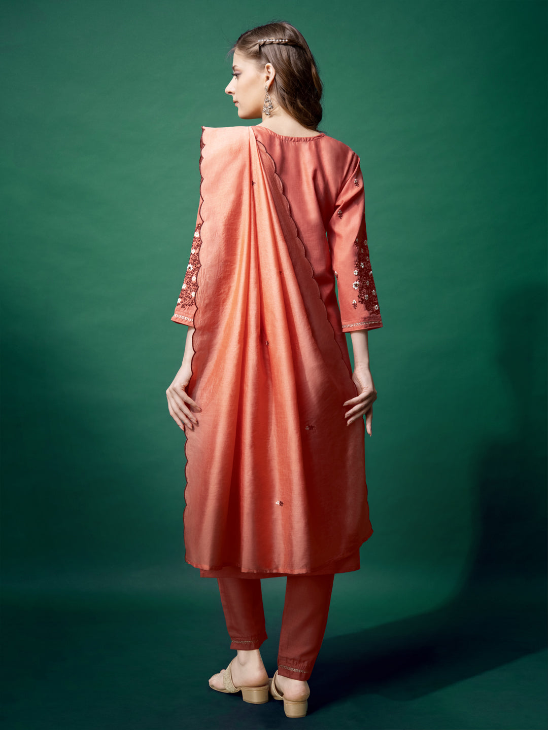 Embroidered Coral Cotton Kurti Pant Set with Dupatta for Women