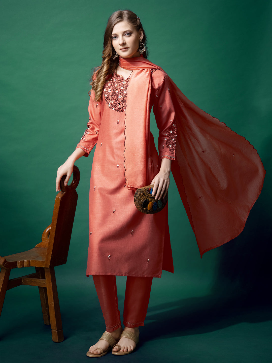 Embroidered Coral Cotton Kurti Pant Set with Dupatta for Women