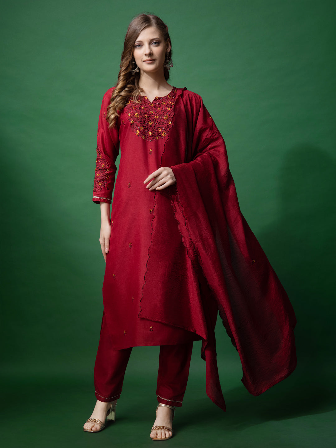 Embroidered Maroon Cotton Kurta Sets for Women