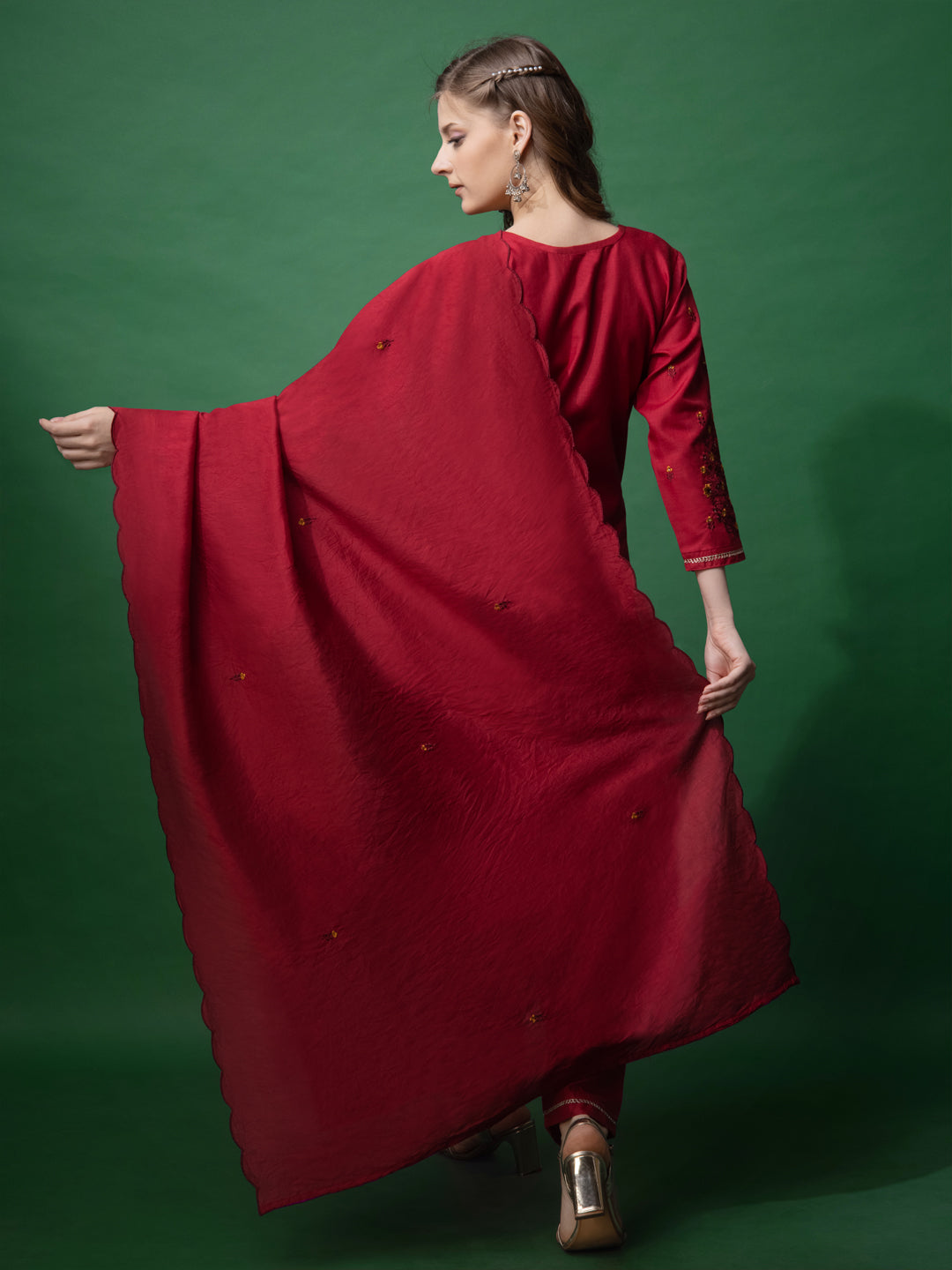 Embroidered Maroon Cotton Kurta Sets for Women