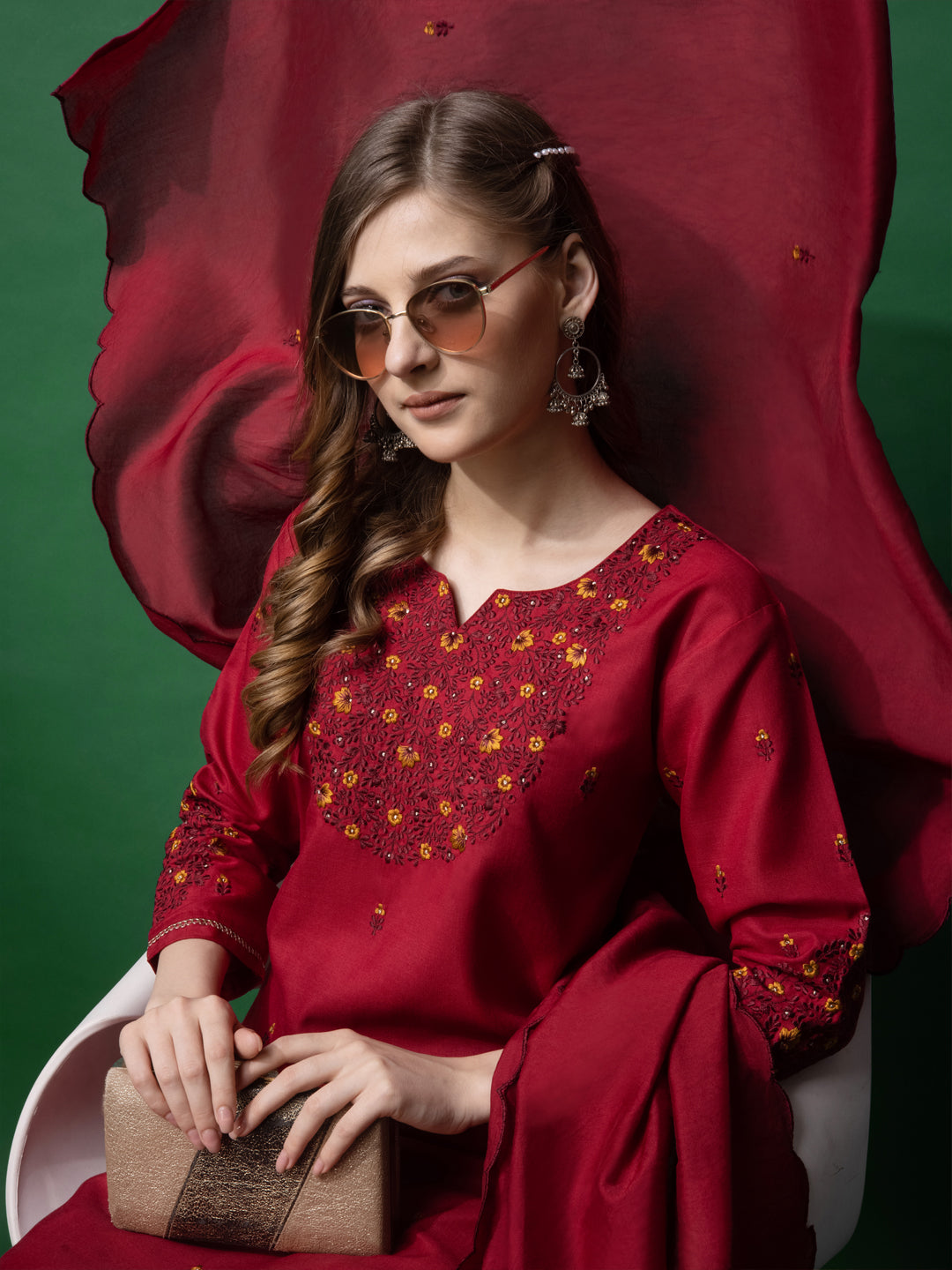 Embroidered Maroon Cotton Kurta Sets for Women