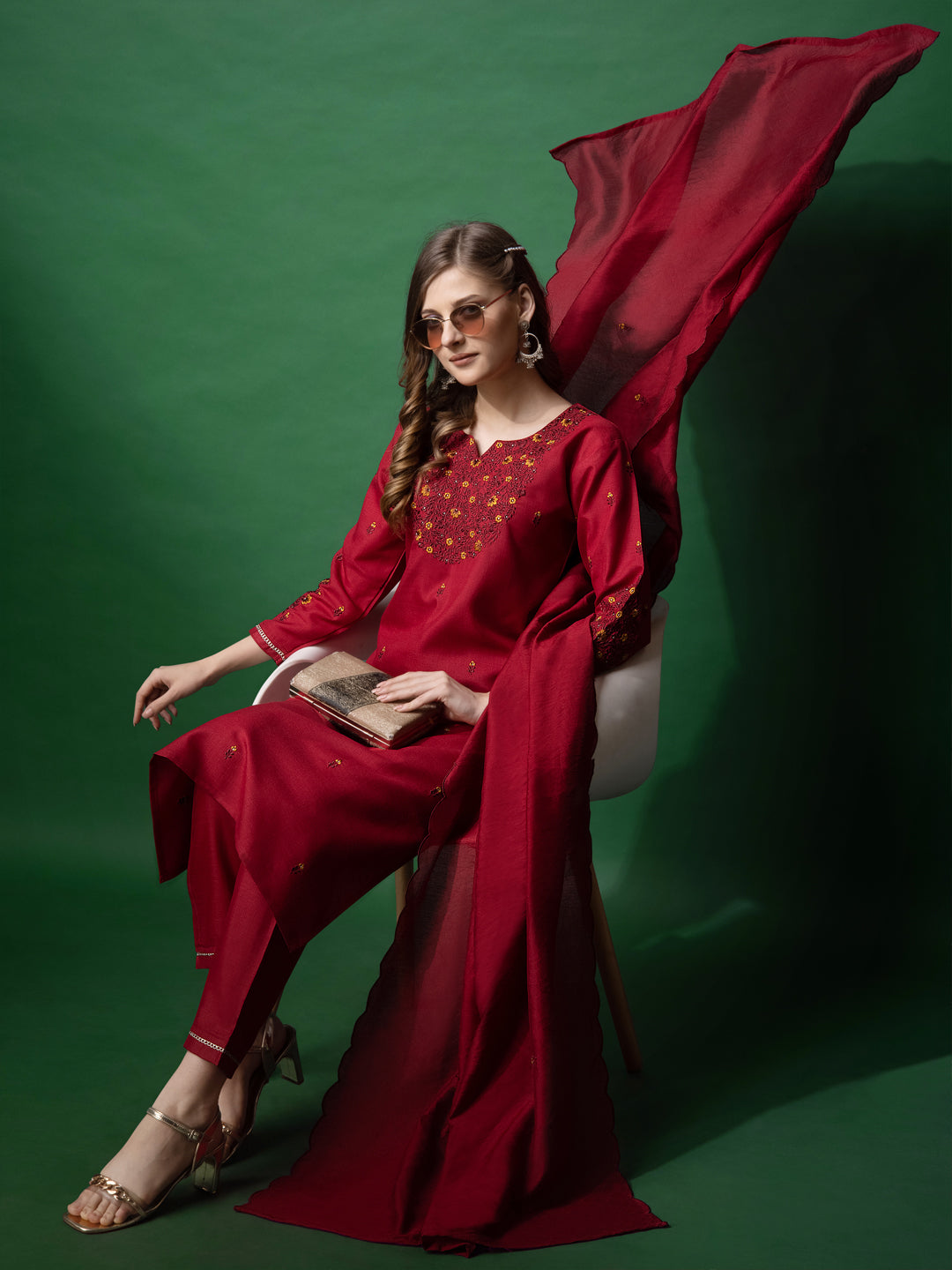 Embroidered Maroon Cotton Kurta Sets for Women