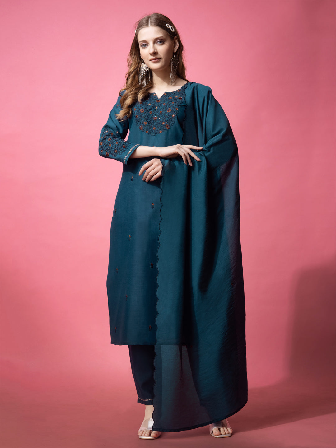 Embroidered Morpichh Cotton Kurti Pant Set with Dupatta for Women