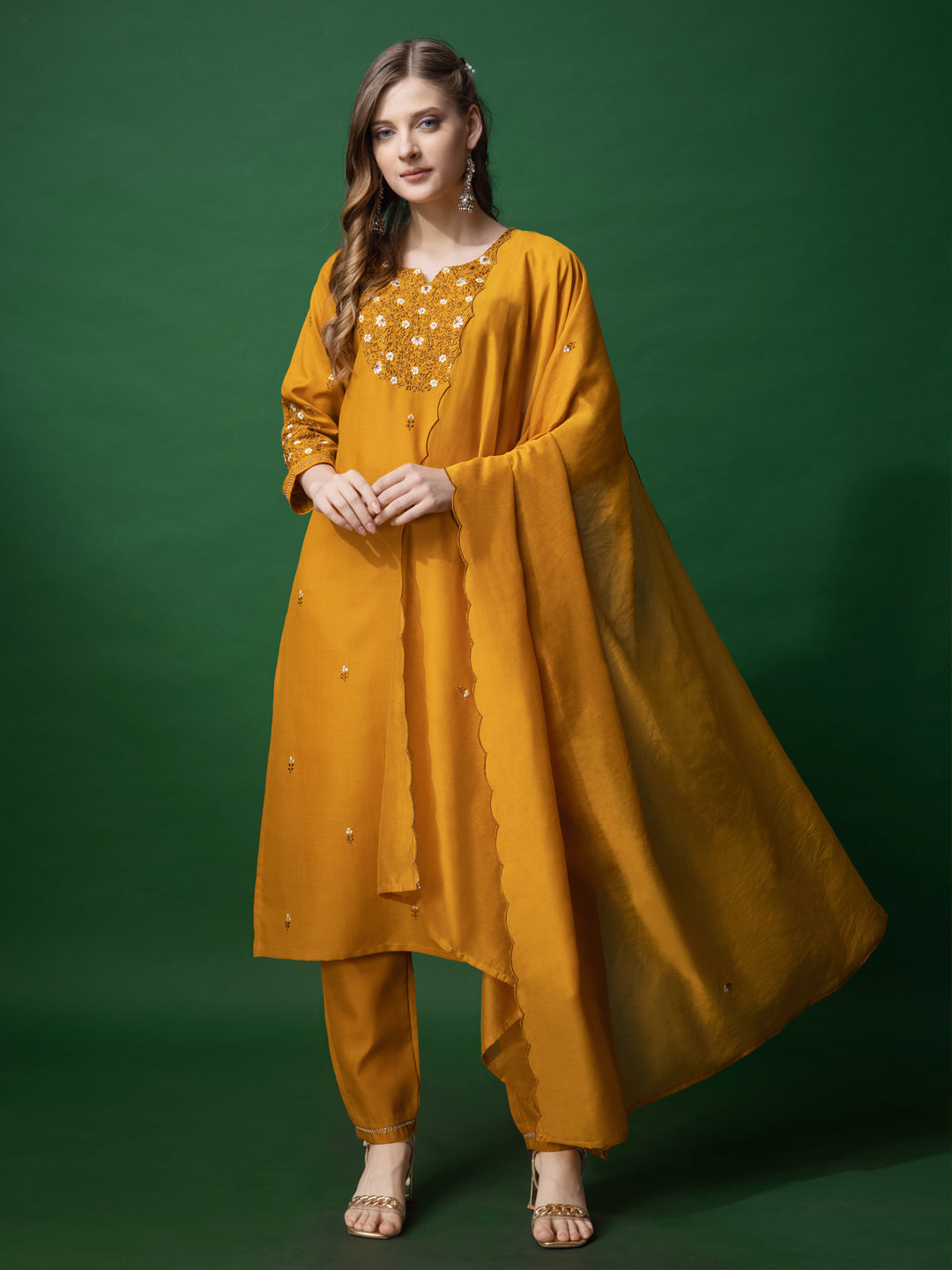 Embroidered Mustard Yellow Cotton Kurti Pant Set with Dupatta for Women