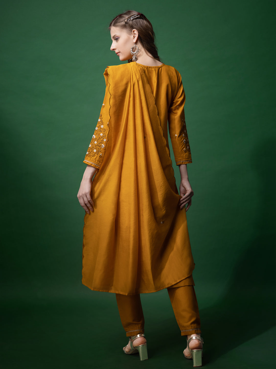 Embroidered Mustard Yellow Cotton Kurti Pant Set with Dupatta for Women