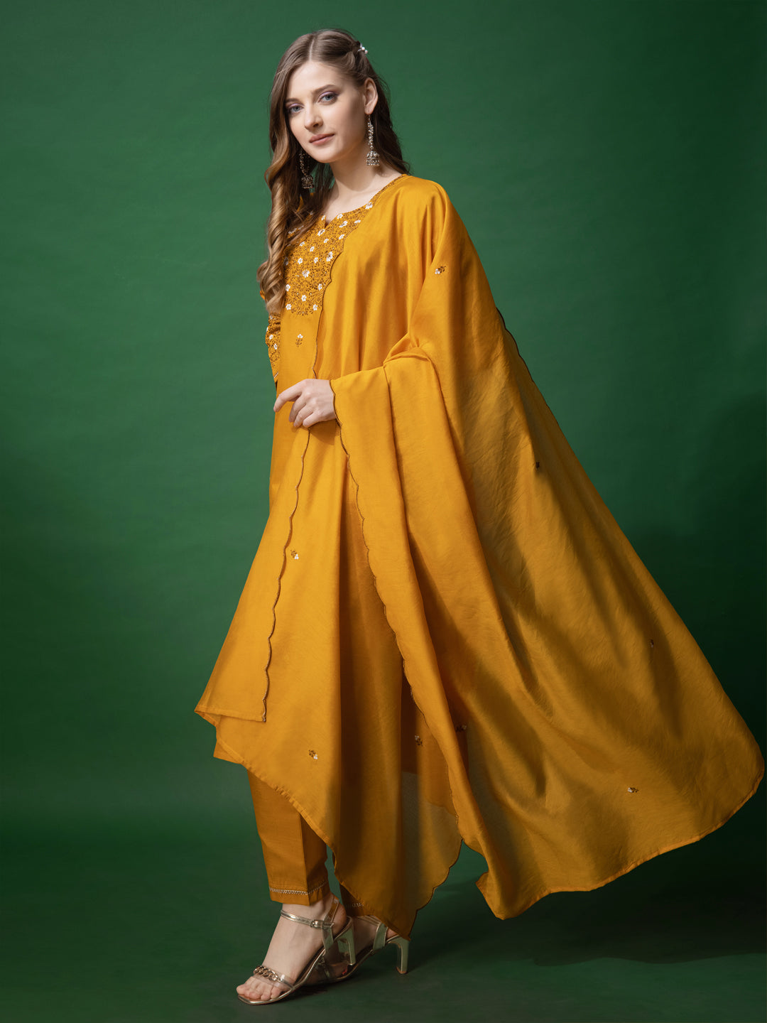 Embroidered Mustard Yellow Cotton Kurti Pant Set with Dupatta for Women