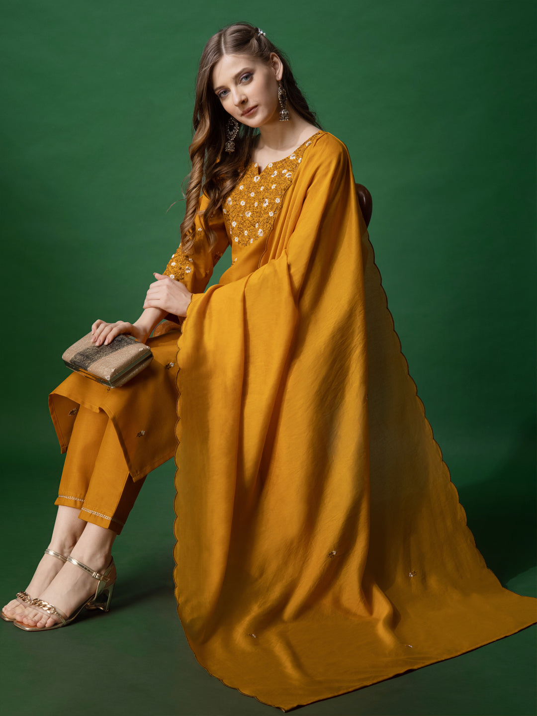 Embroidered Mustard Yellow Cotton Kurti Pant Set with Dupatta for Women