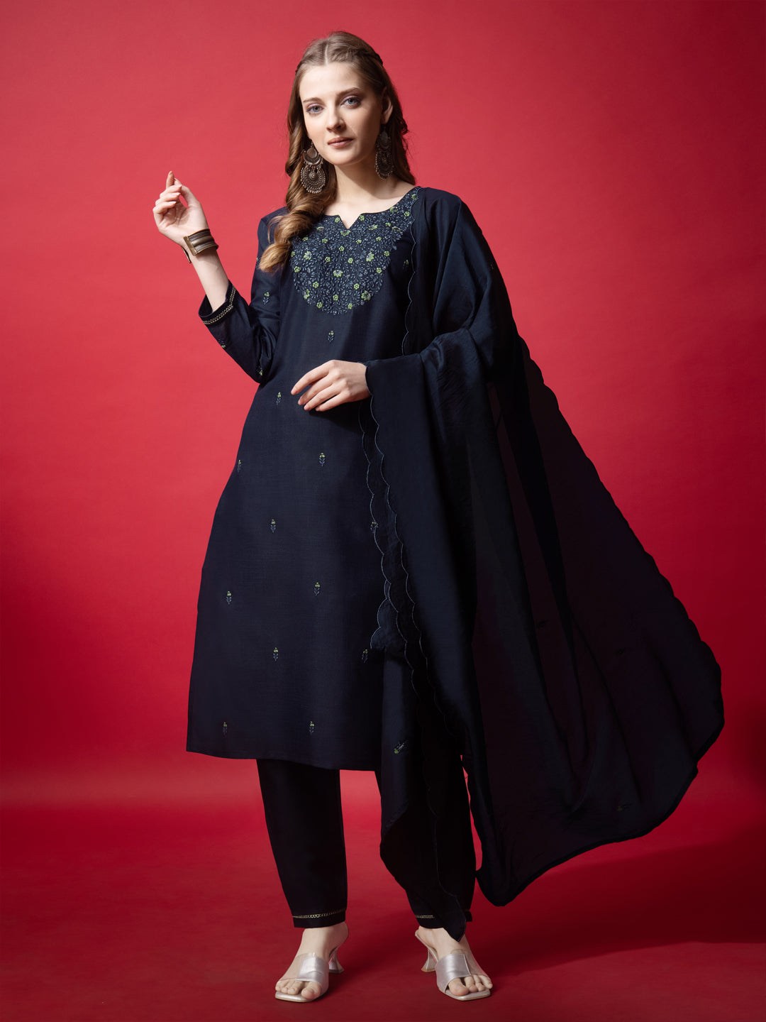 Embroidered Navy Blue Cotton Kurti Pant Set with Dupatta for Women