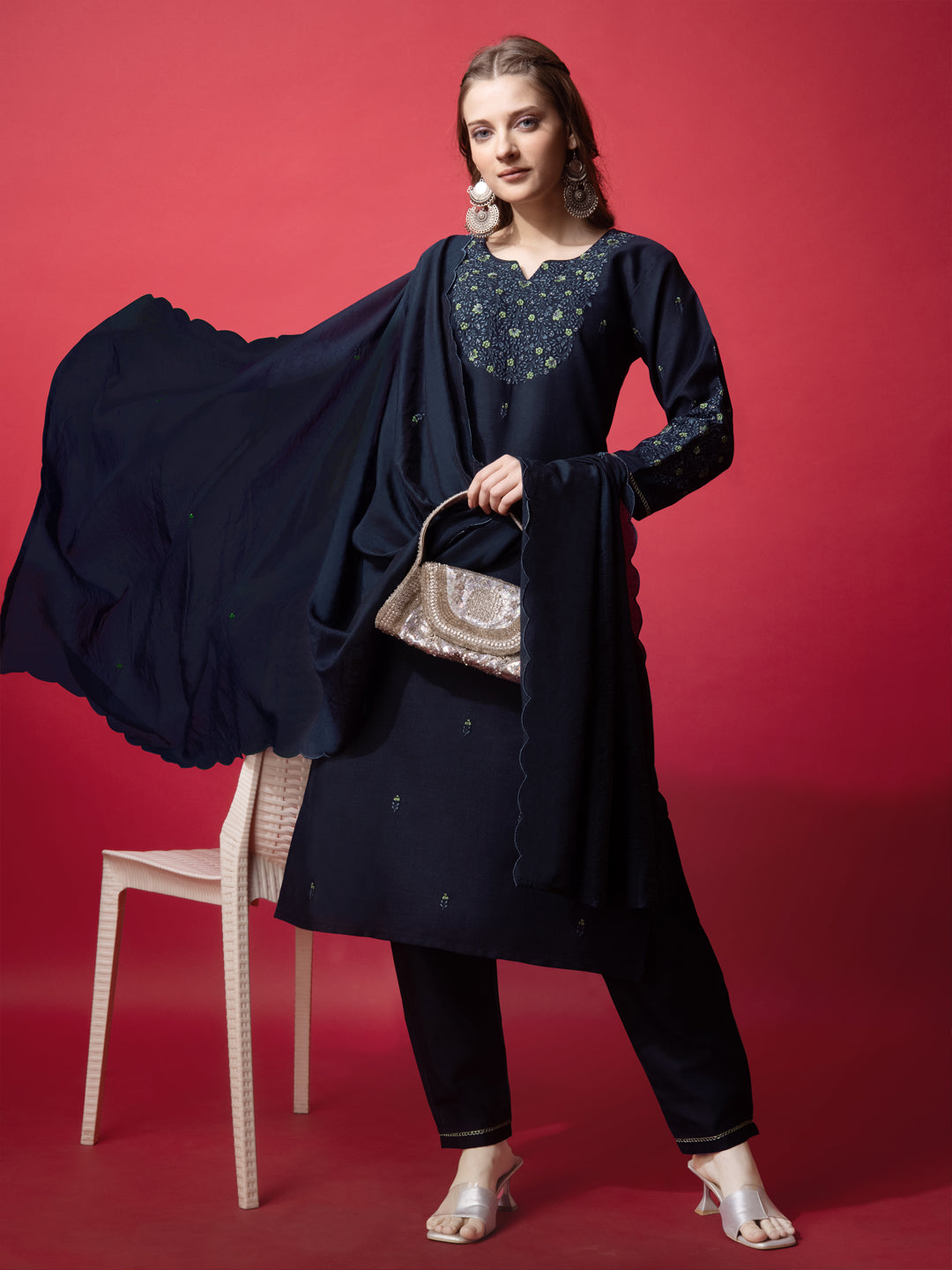 Embroidered Navy Blue Cotton Kurti Pant Set with Dupatta for Women