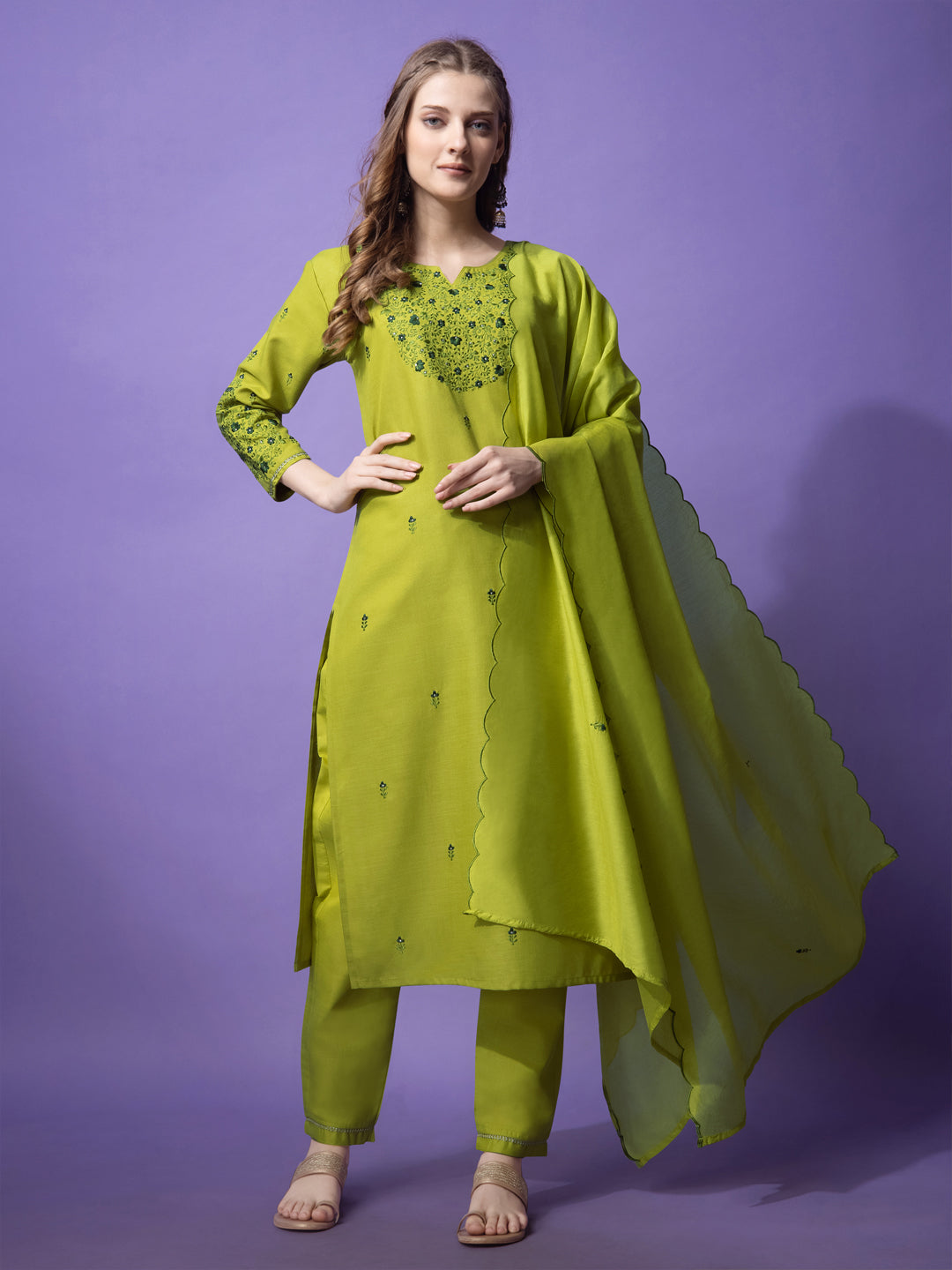 Embroidered Parrot Green Cotton Kurta Sets for Women