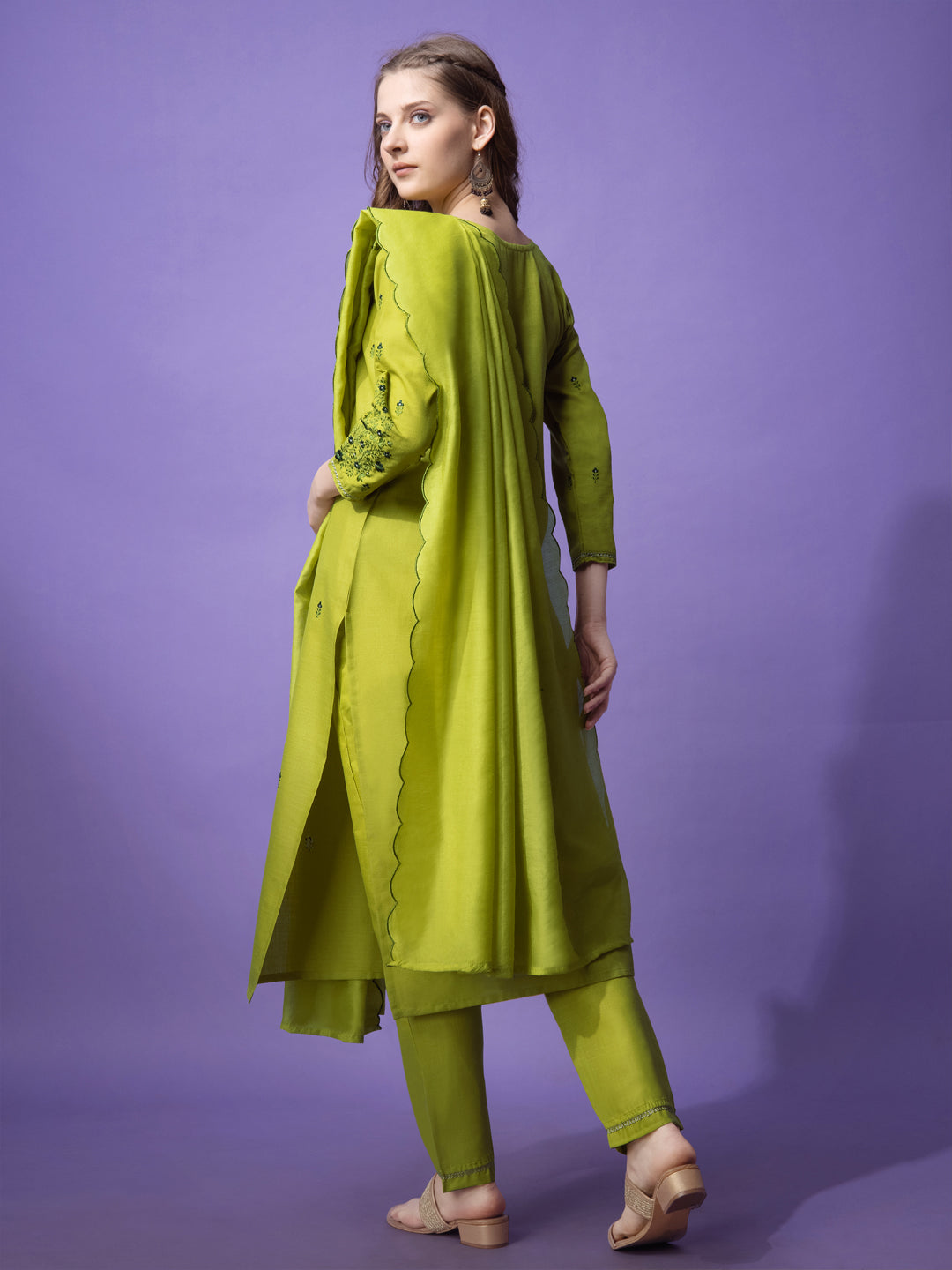 Embroidered Parrot Green Cotton Kurta Sets for Women