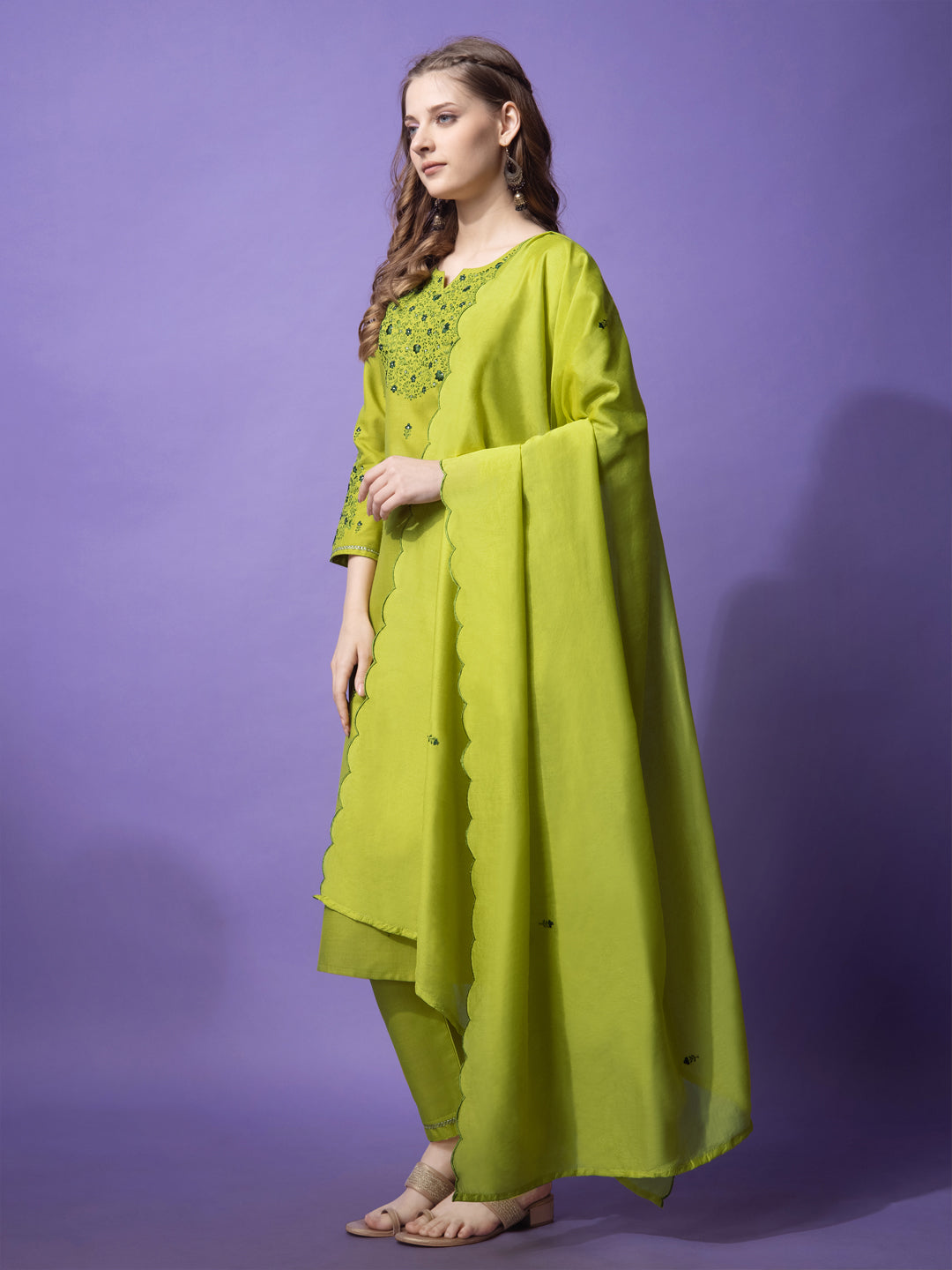 Embroidered Parrot Green Cotton Kurta Sets for Women