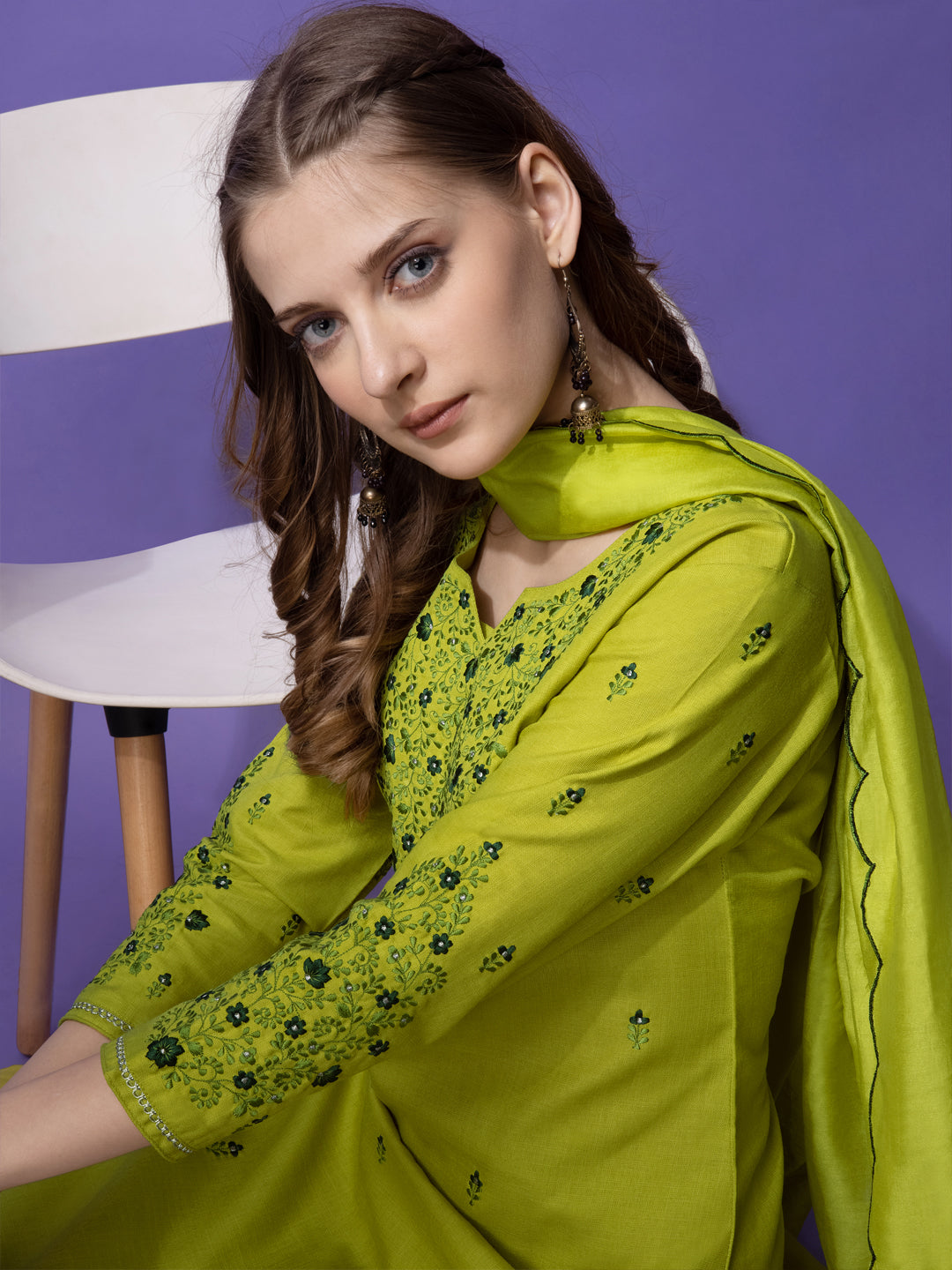 Embroidered Parrot Green Cotton Kurta Sets for Women