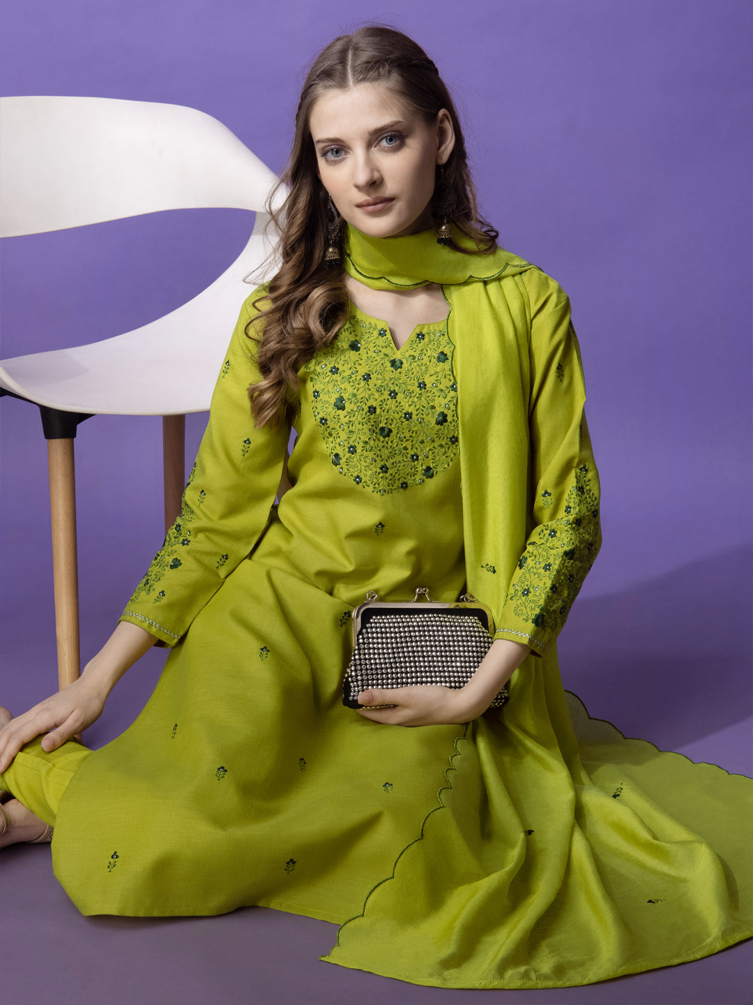 Embroidered Parrot Green Cotton Kurta Sets for Women