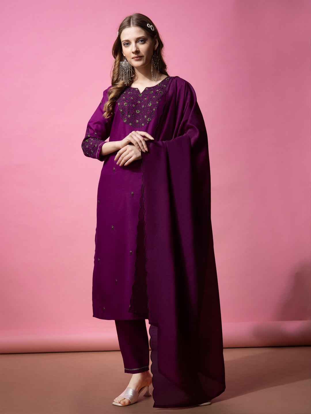 Embroidered Purple Cotton Kurta Sets for Women