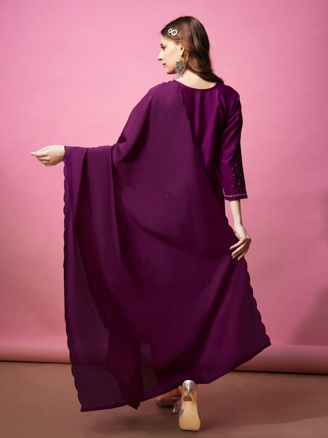 Embroidered Purple Cotton Kurta Sets for Women