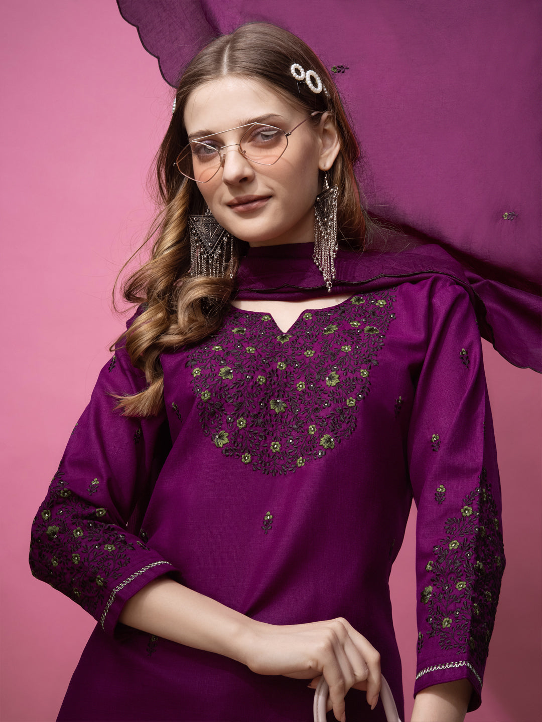 Embroidered Purple Cotton Kurta Sets for Women