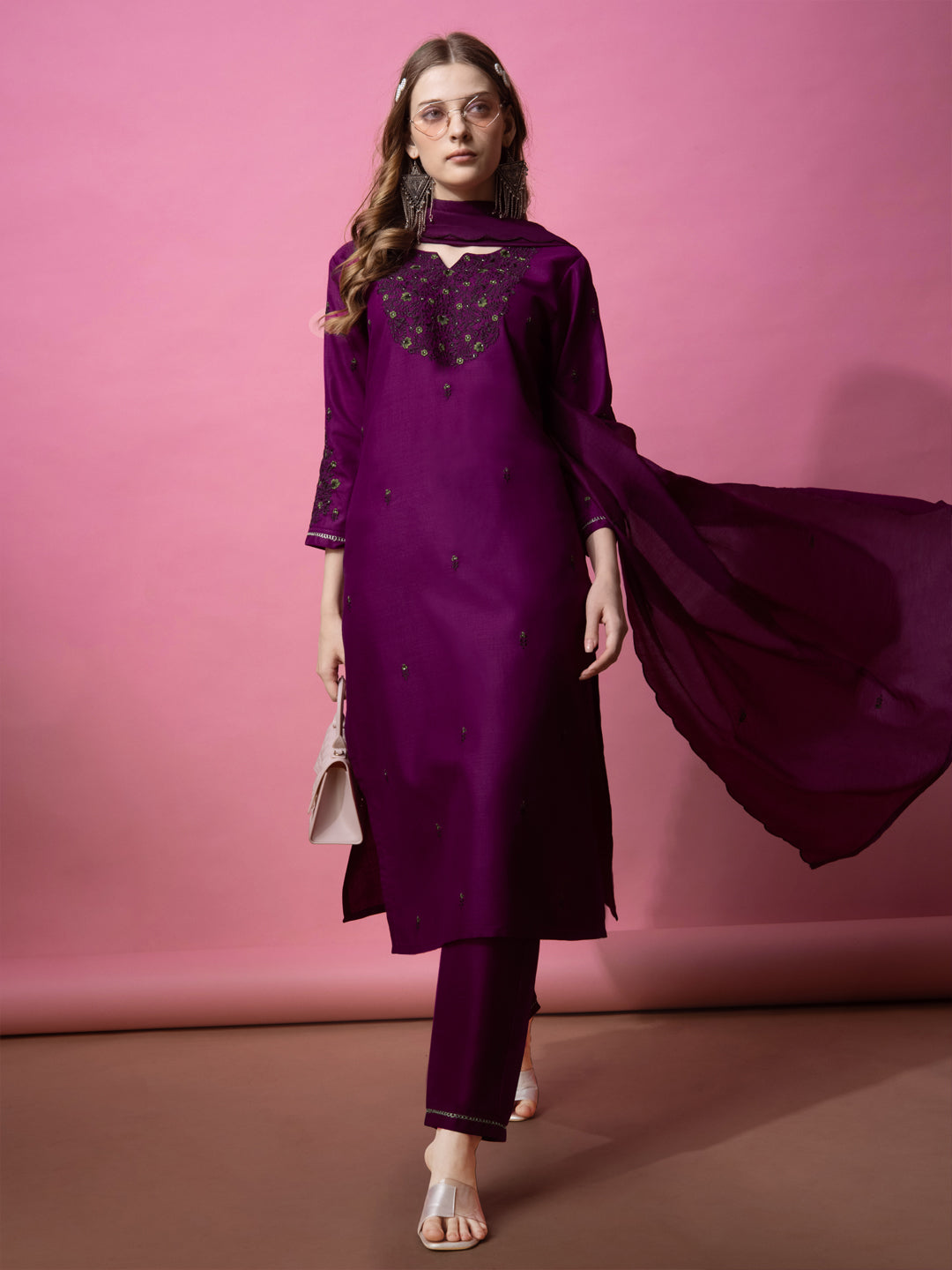 Embroidered Purple Cotton Kurta Sets for Women