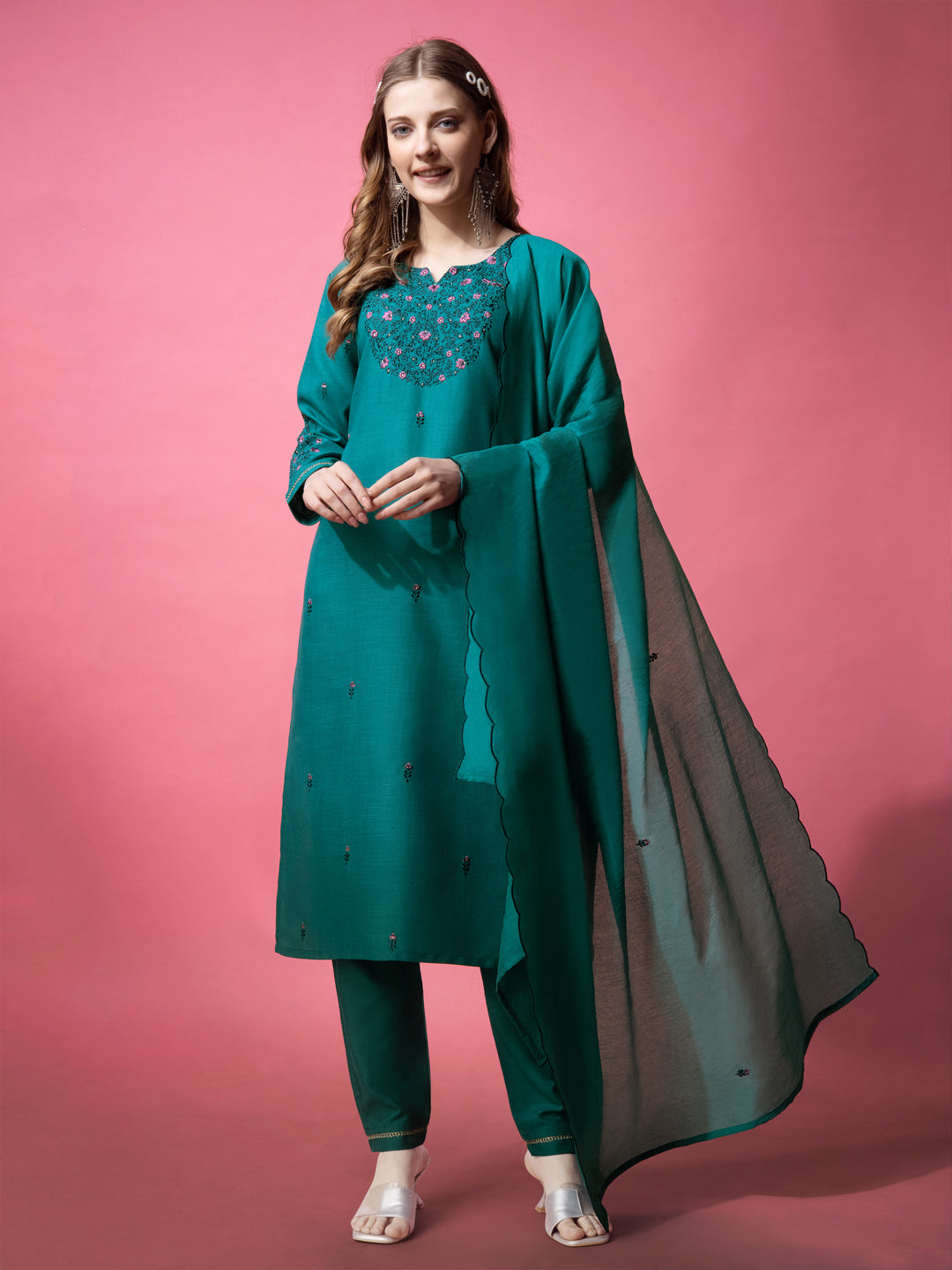 Embroidered Rama Green Cotton Kurta Sets for Women