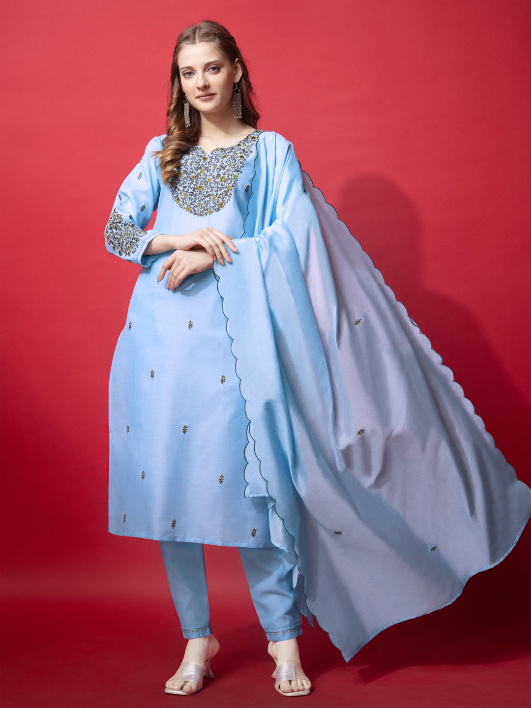 Embroidered Sky Blue Cotton Kurti Pant Set with Dupatta for Women