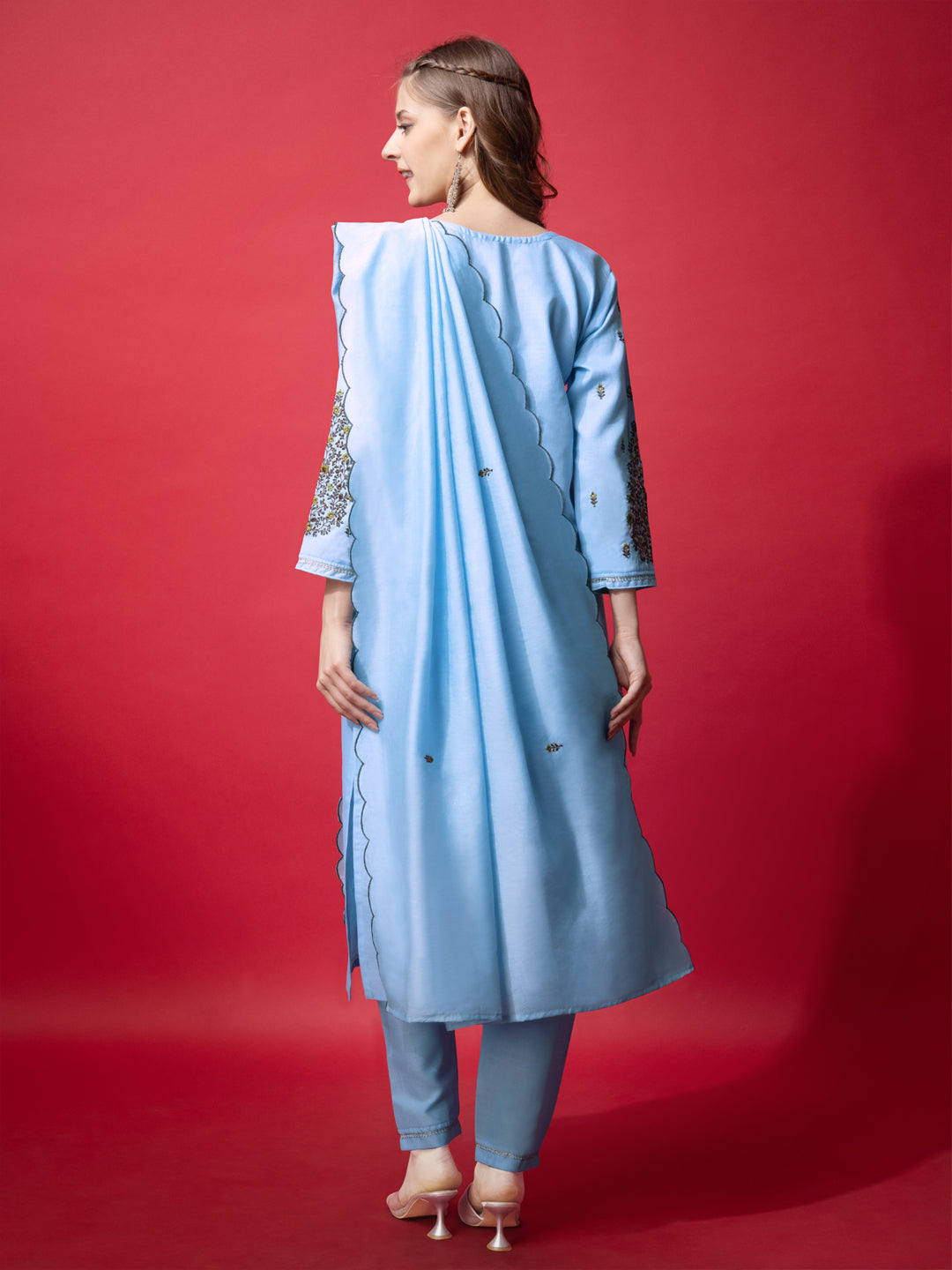 Embroidered Sky Blue Cotton Kurti Pant Set with Dupatta for Women