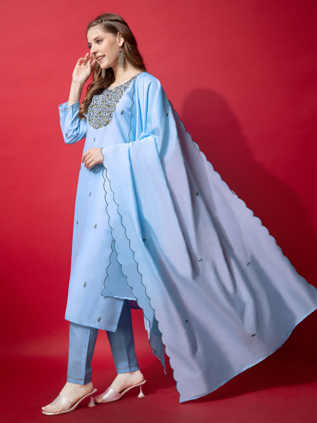 Embroidered Sky Blue Cotton Kurti Pant Set with Dupatta for Women