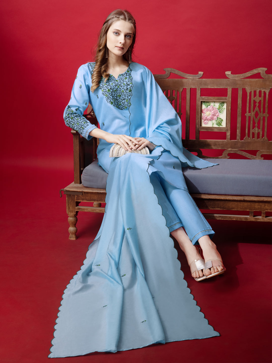 Embroidered Sky Blue Cotton Kurti Pant Set with Dupatta for Women