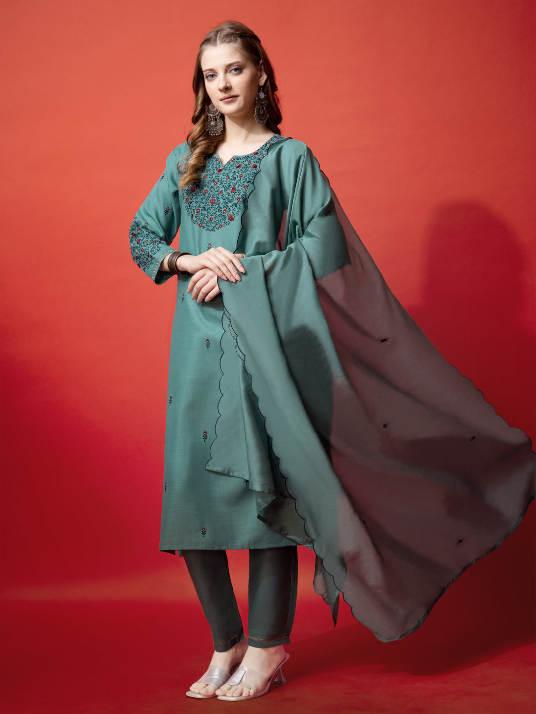 Embroidered Teal Cotton Kurta Sets for Women