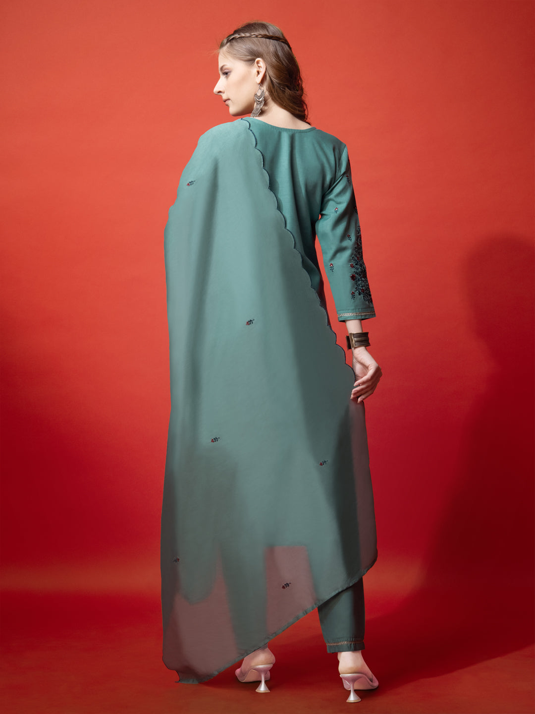 Embroidered Teal Cotton Kurta Sets for Women