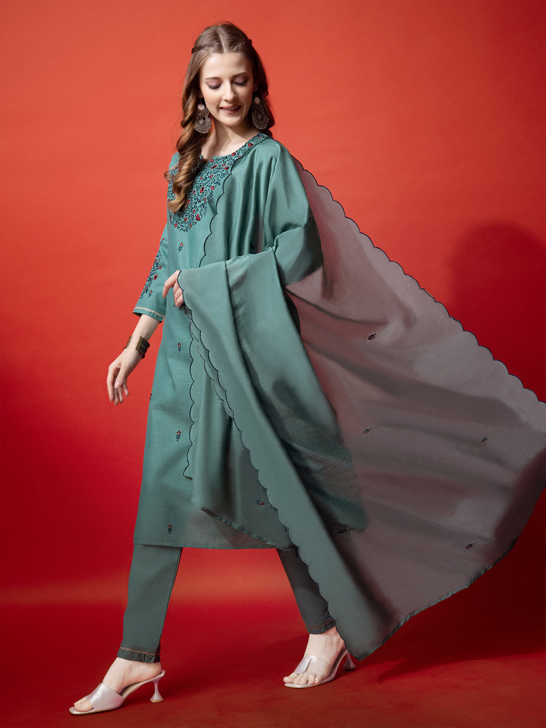 Embroidered Teal Cotton Kurta Sets for Women