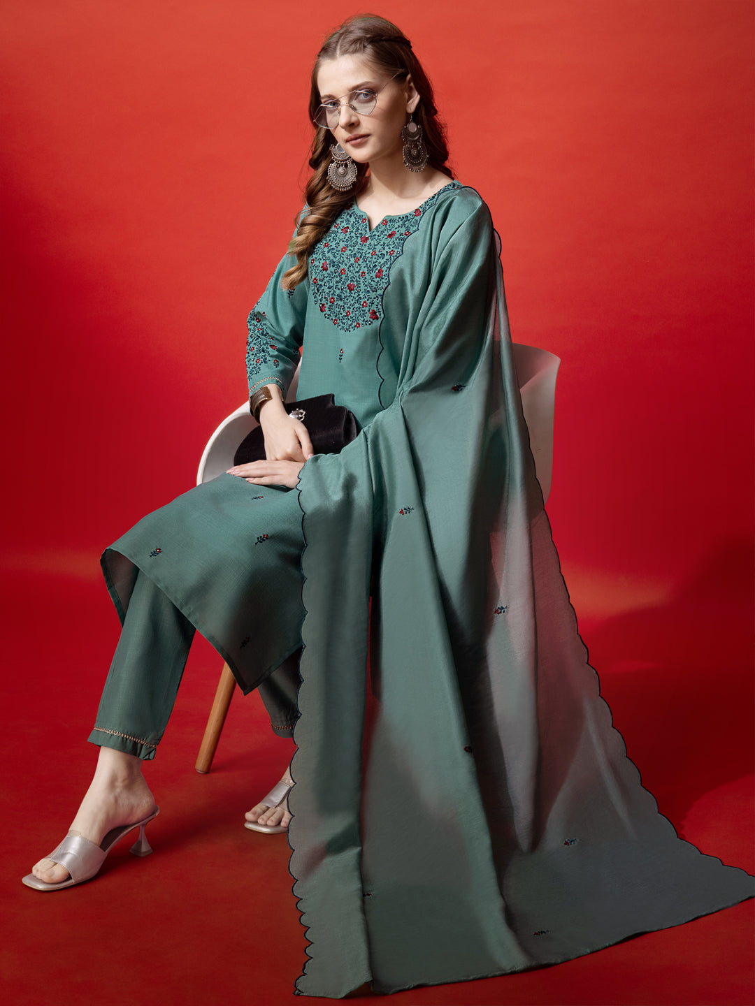 Embroidered Teal Cotton Kurta Sets for Women