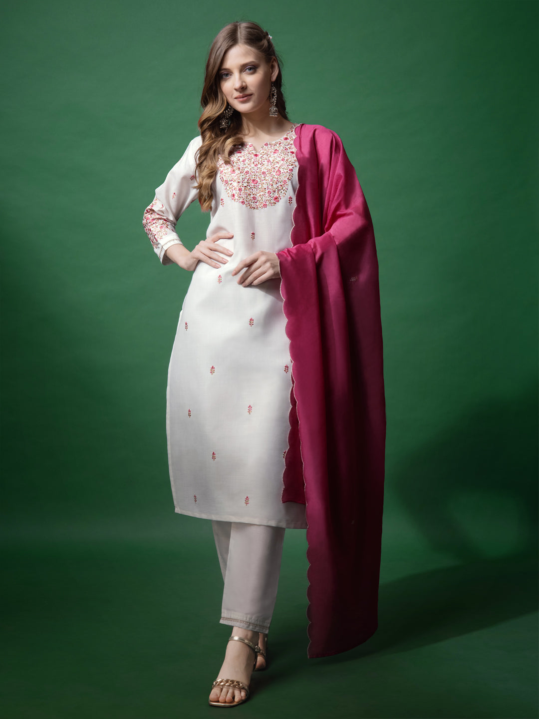 Embroidered White Cotton Kurta Sets for Women