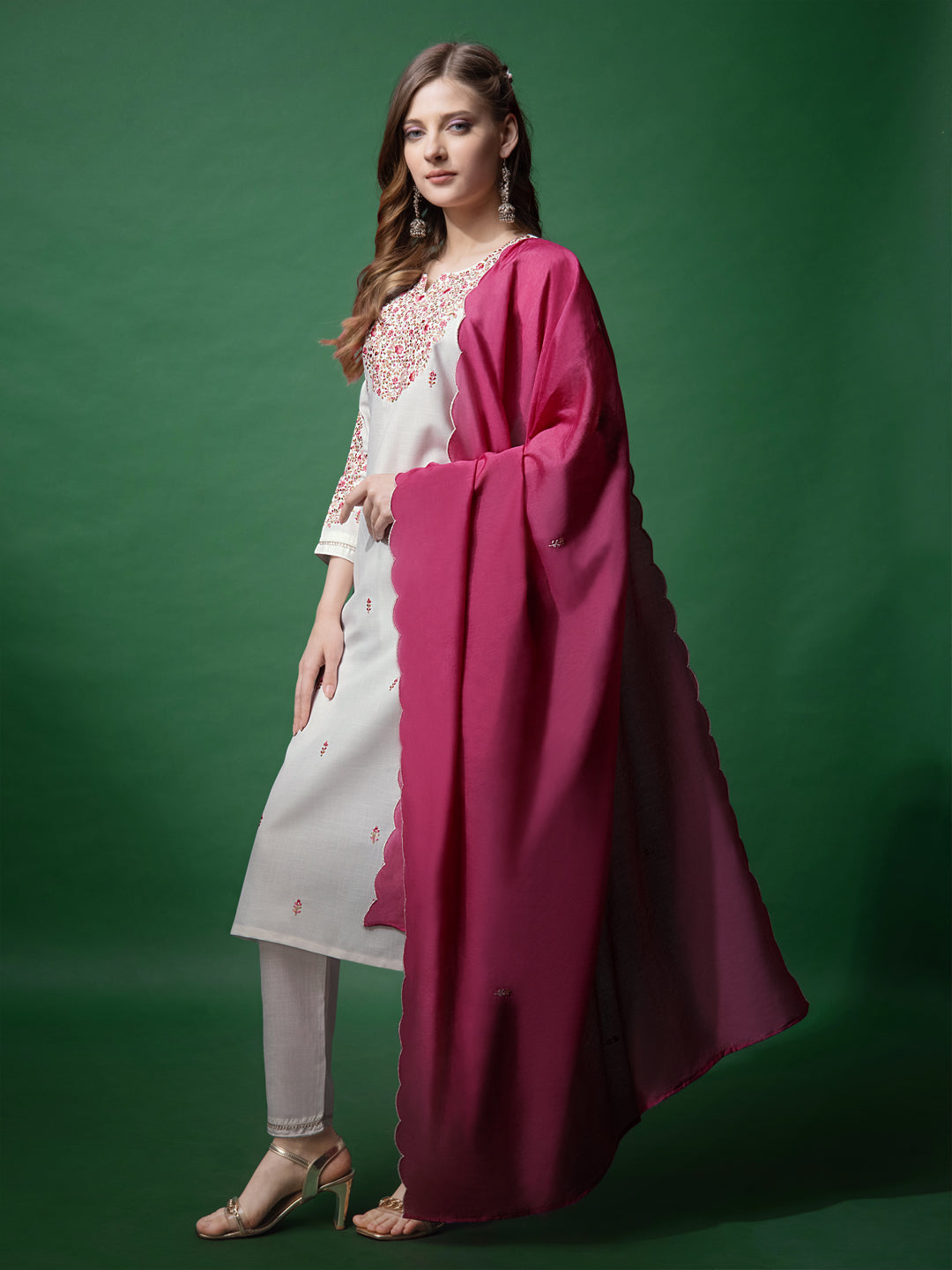 Embroidered White Cotton Kurta Sets for Women