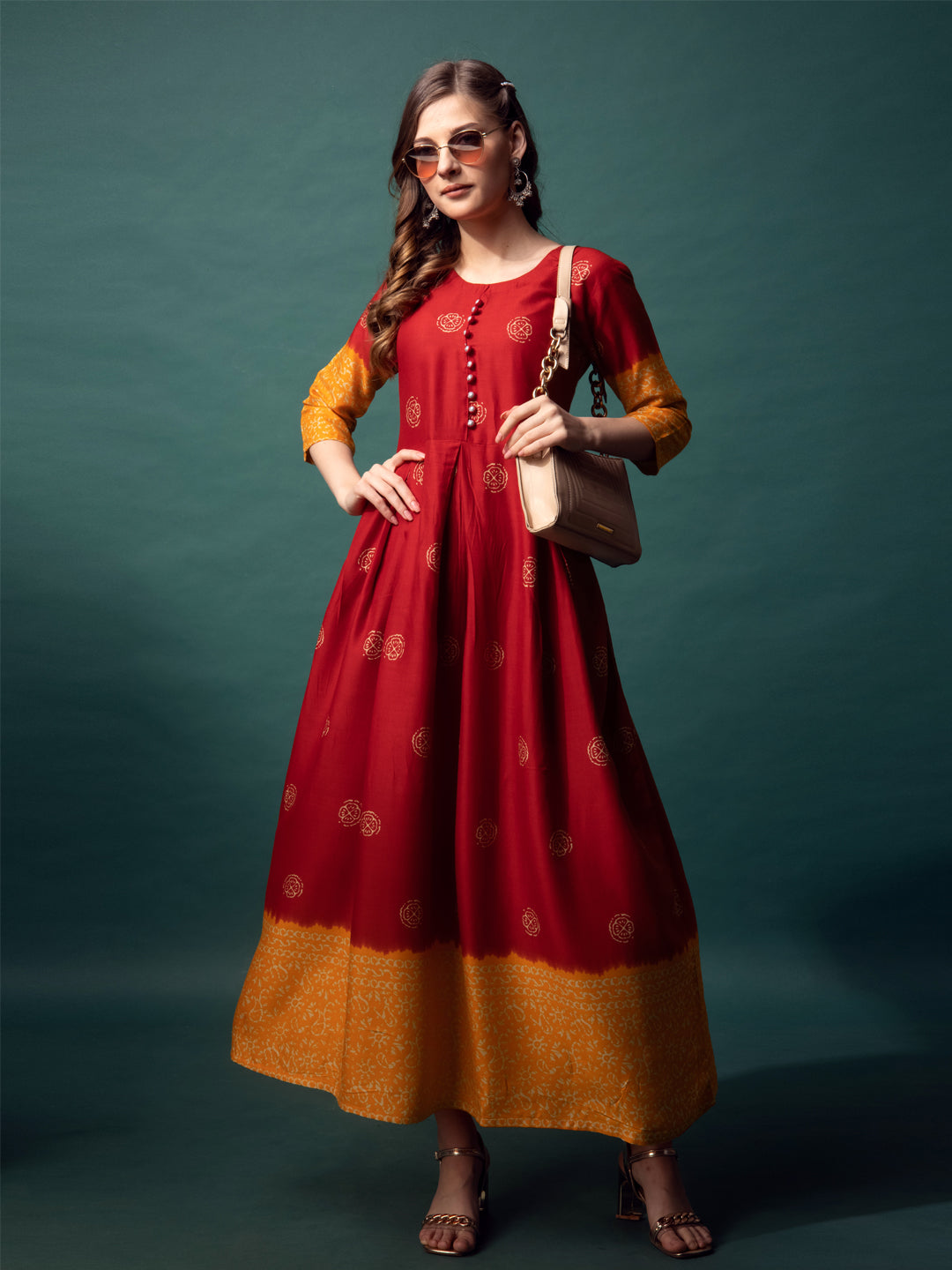 Maroon & Mustard Cotton Printed Anarkali Kurti For Women