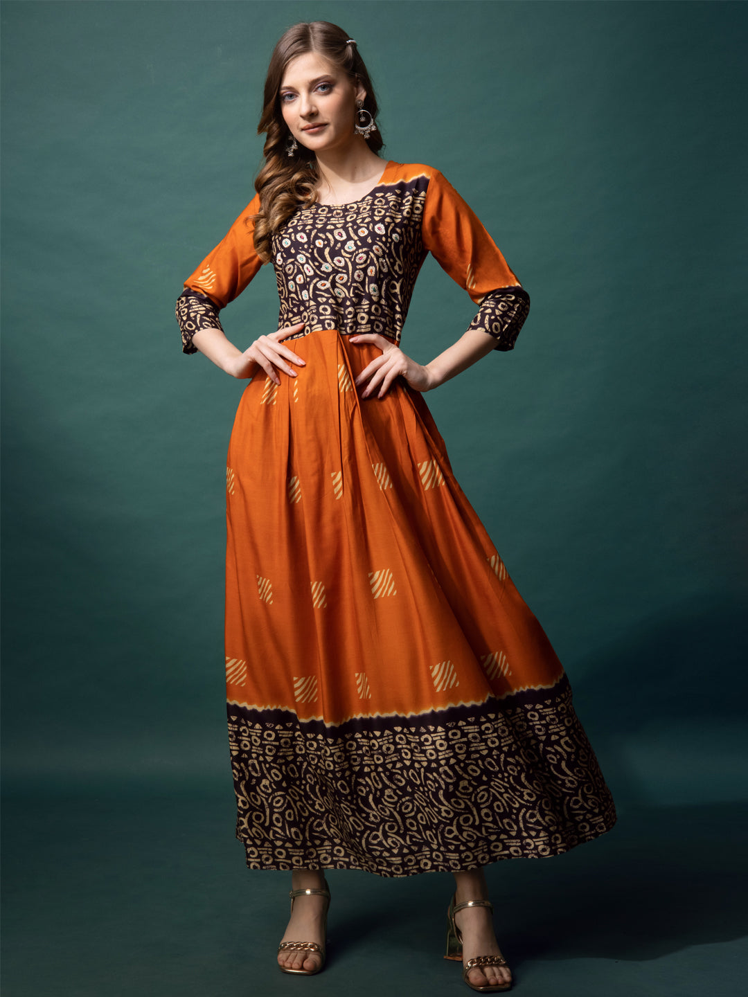 Orange & Brown Cotton Printed Anarkali Kurta For Women