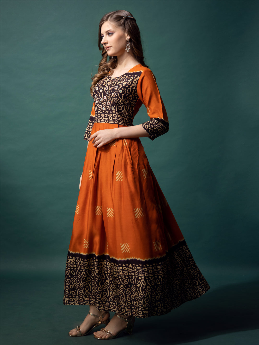 Orange Cotton Printed Anarkali Kurti