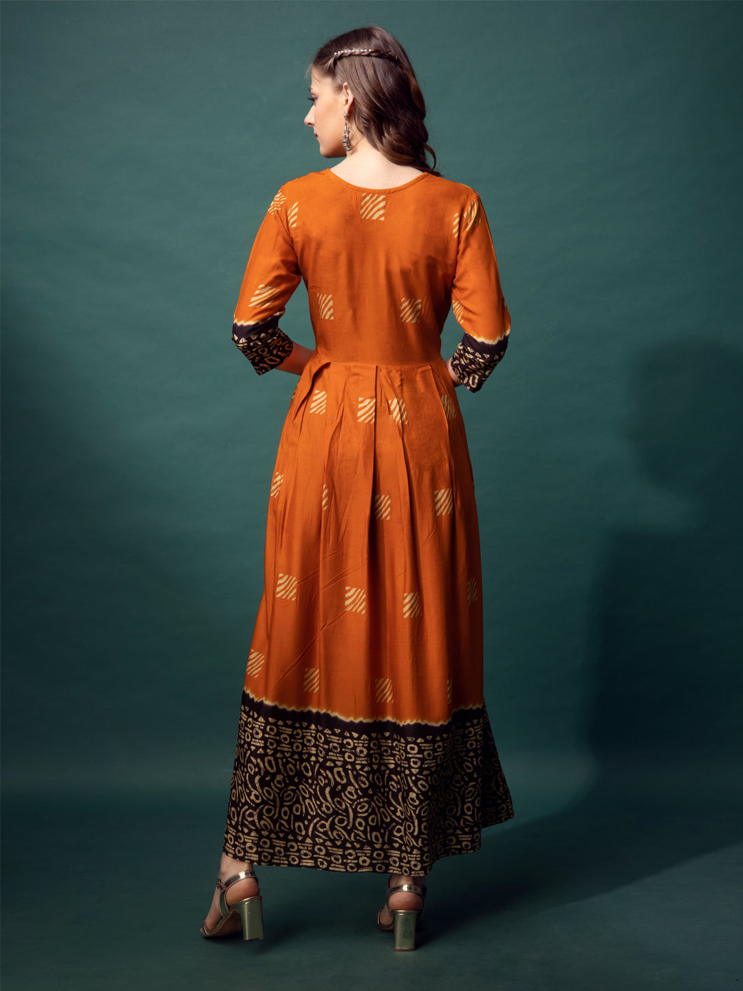 Orange Cotton Printed Anarkali Kurta Set Back View