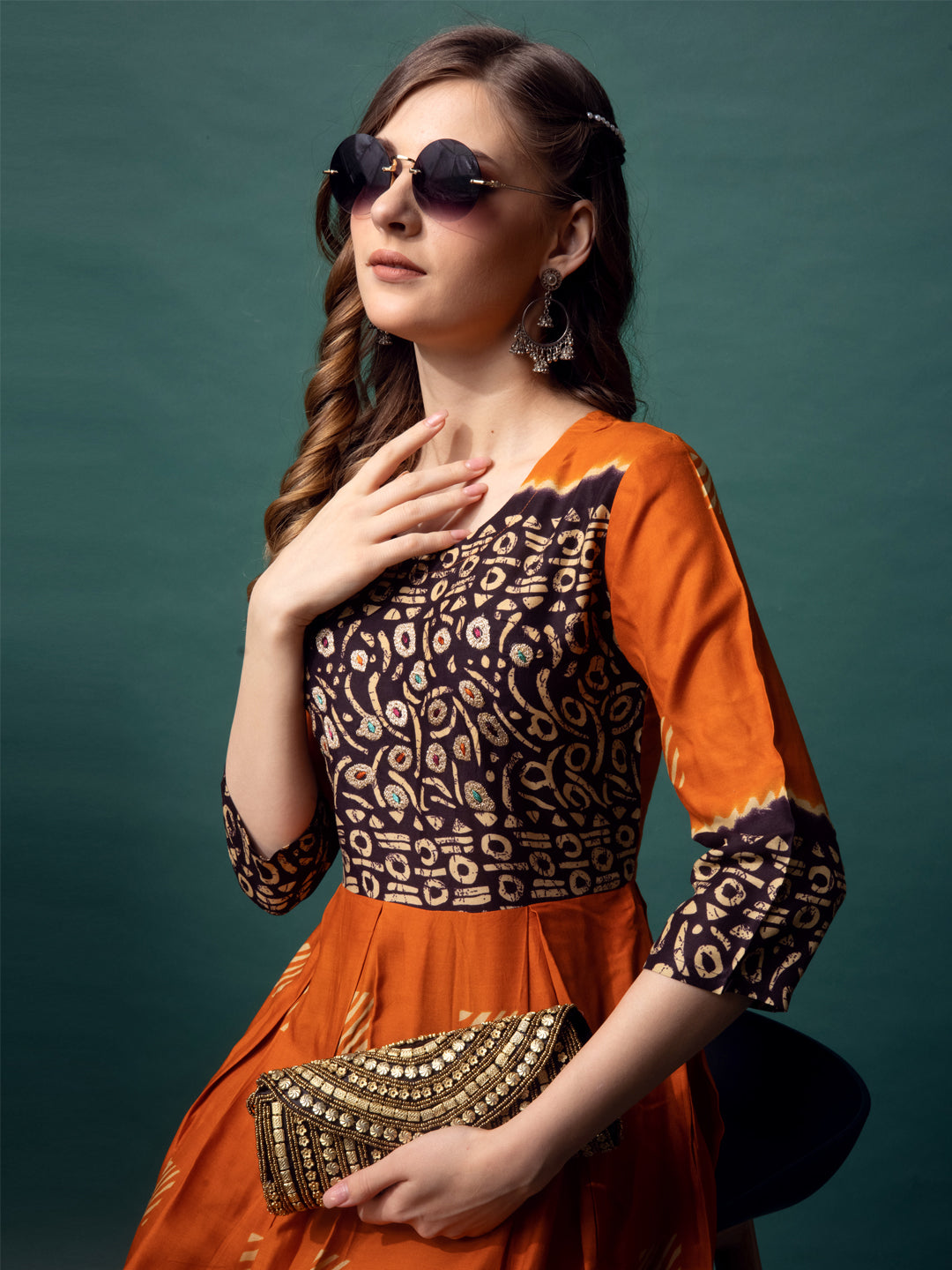 Orange Cotton Printed Anarkali Suit Placket View