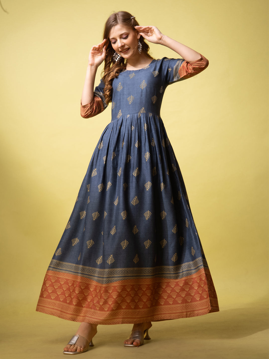 Denim Blue & Maroon Cotton Printed Anarkali Dress for Women