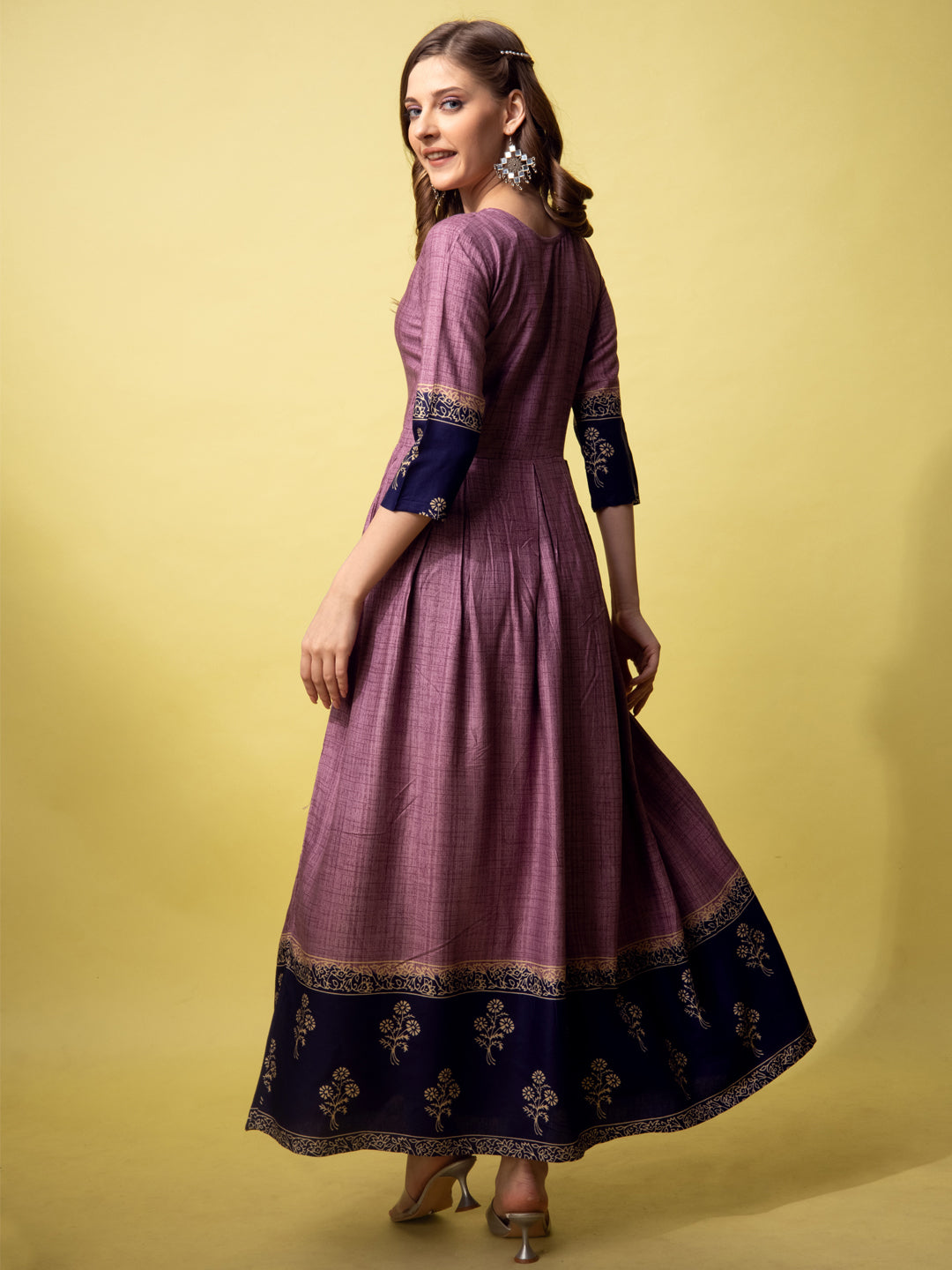 Lavender Printed Anarkali Dress Back View