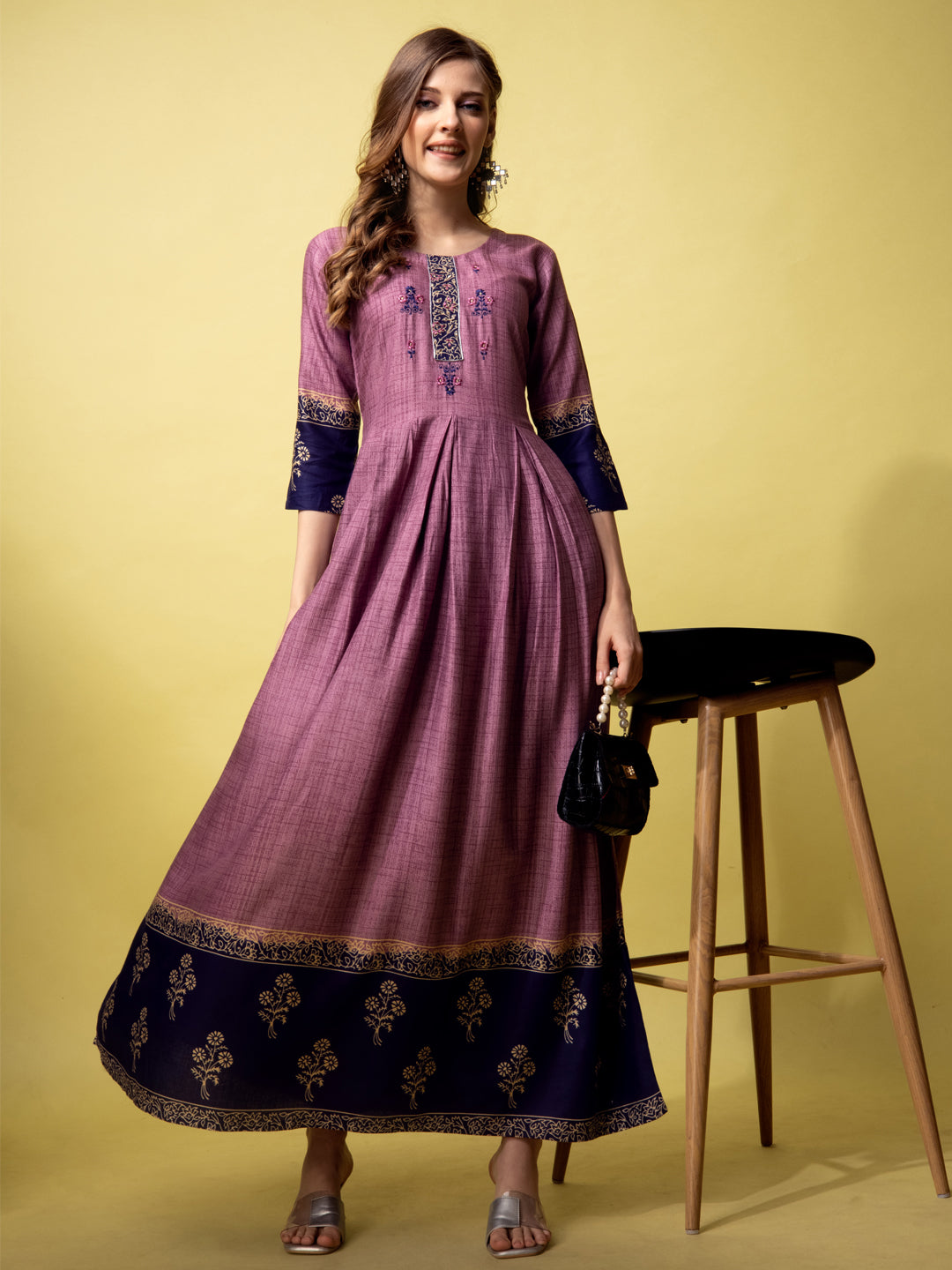 Lavender & Blue Cotton Printed Embroidered Anarkali Kurti For Women