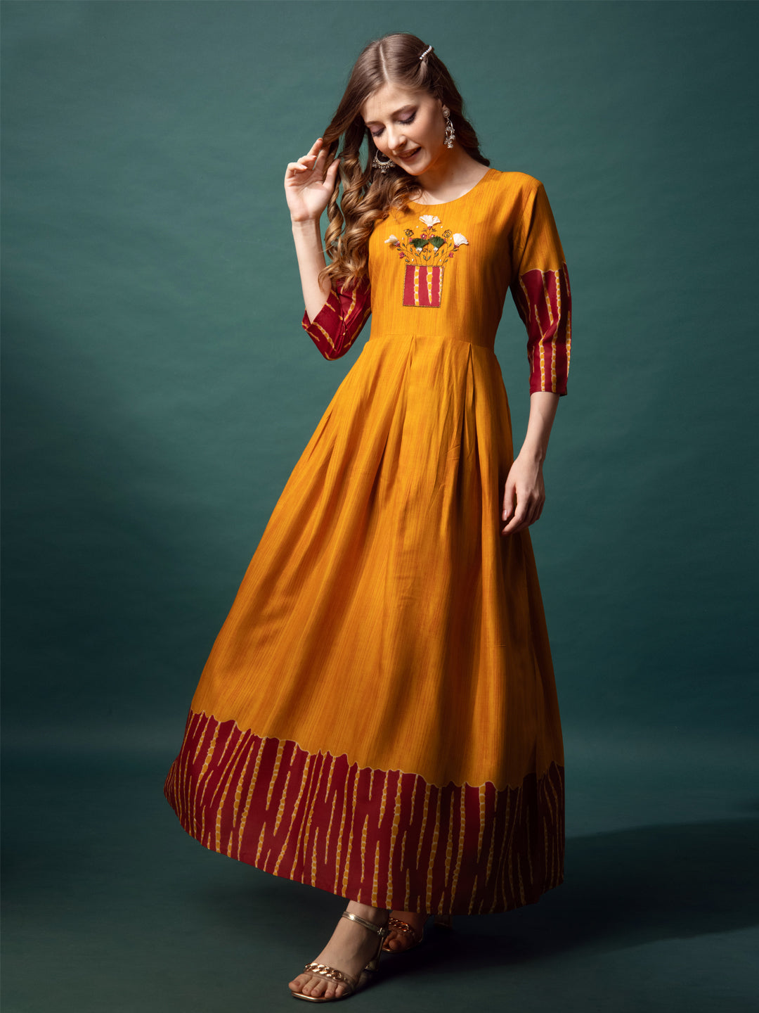 Mustard Yellow & Maroon Cotton Printed Embroidered Anarkali Kurti Set For Women