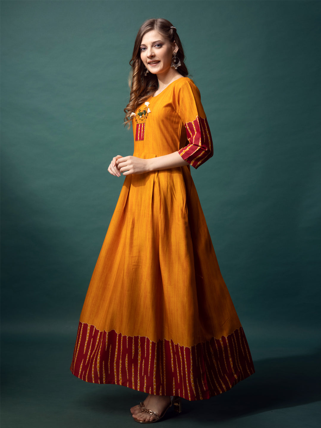 Mustard Yellow Cotton Printed Anarkali Kurta Set