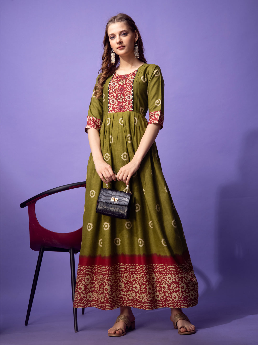 Mehendi Green & Maroon Cotton Printed Anarkali Kurta Set For Women