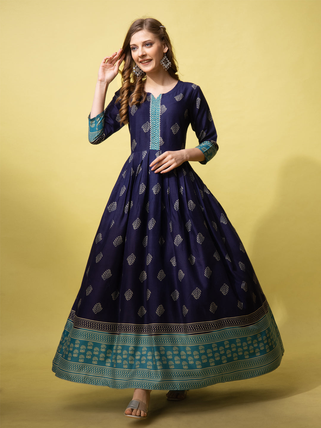 Navy Blue Cotton Printed Anarkali Gown For Women