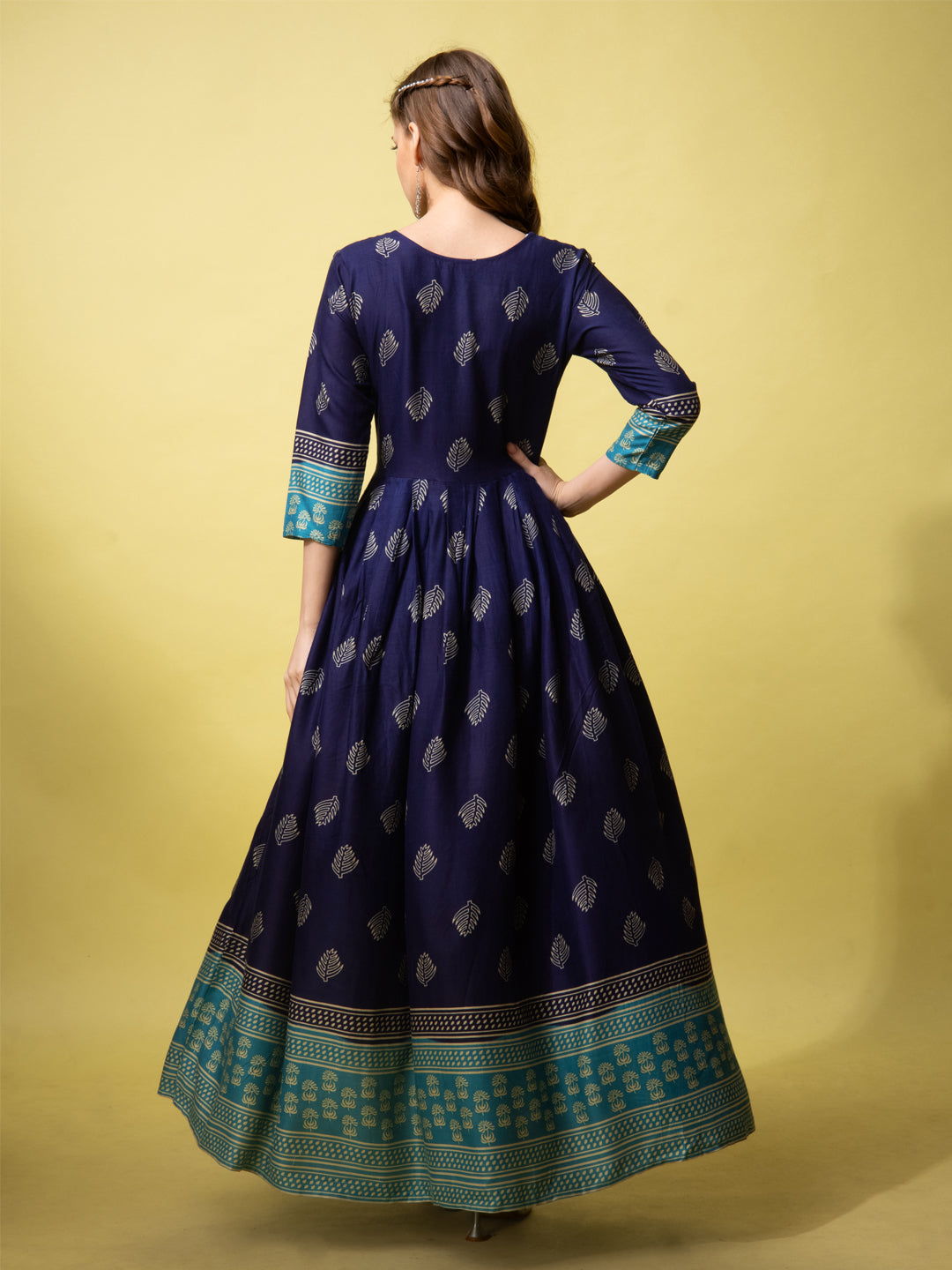 Navy Blue Cotton Printed Anarkali Kurta Set Back View