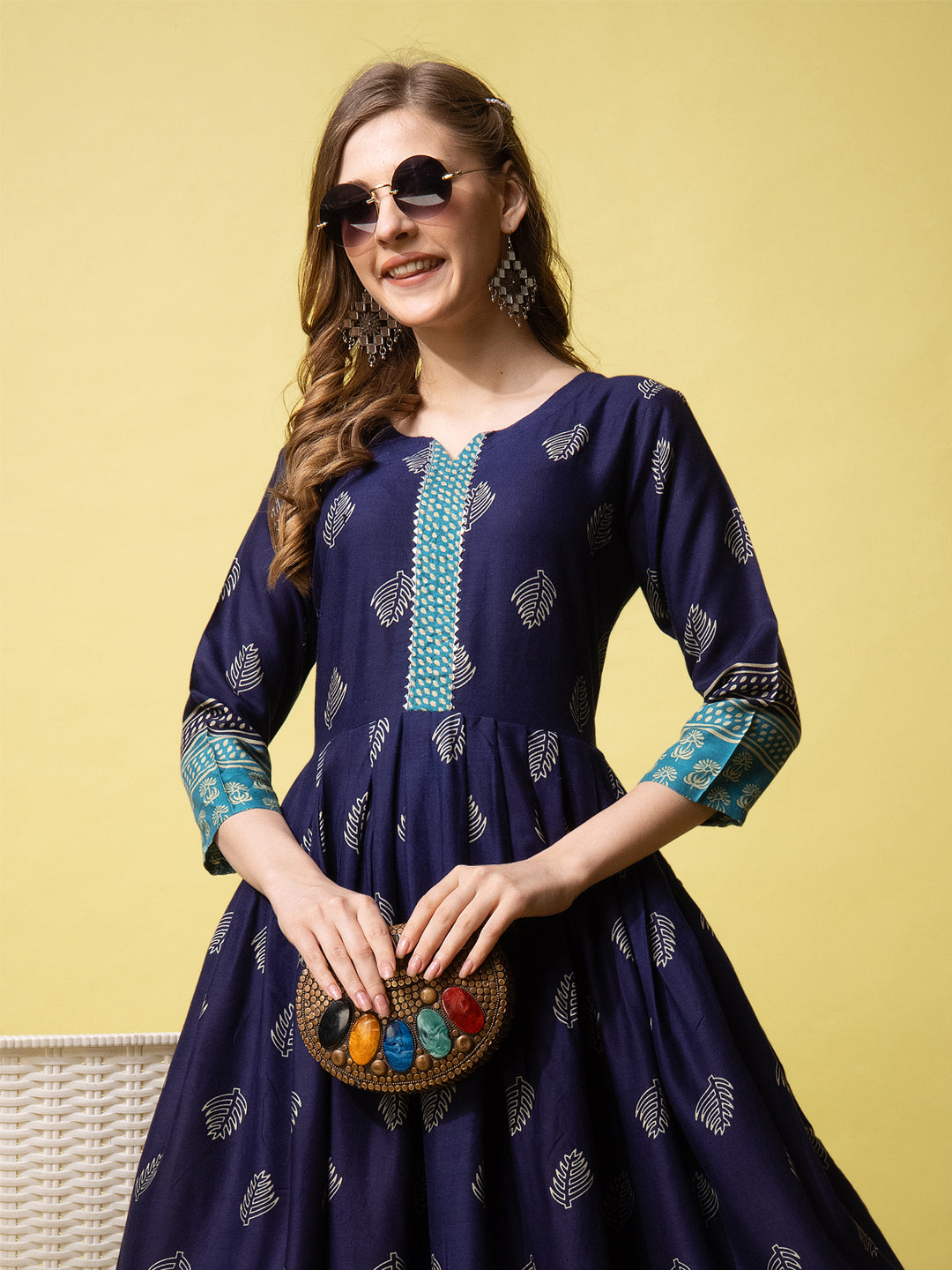 Navy Blue Cotton Printed Anarkali Suit Placket View