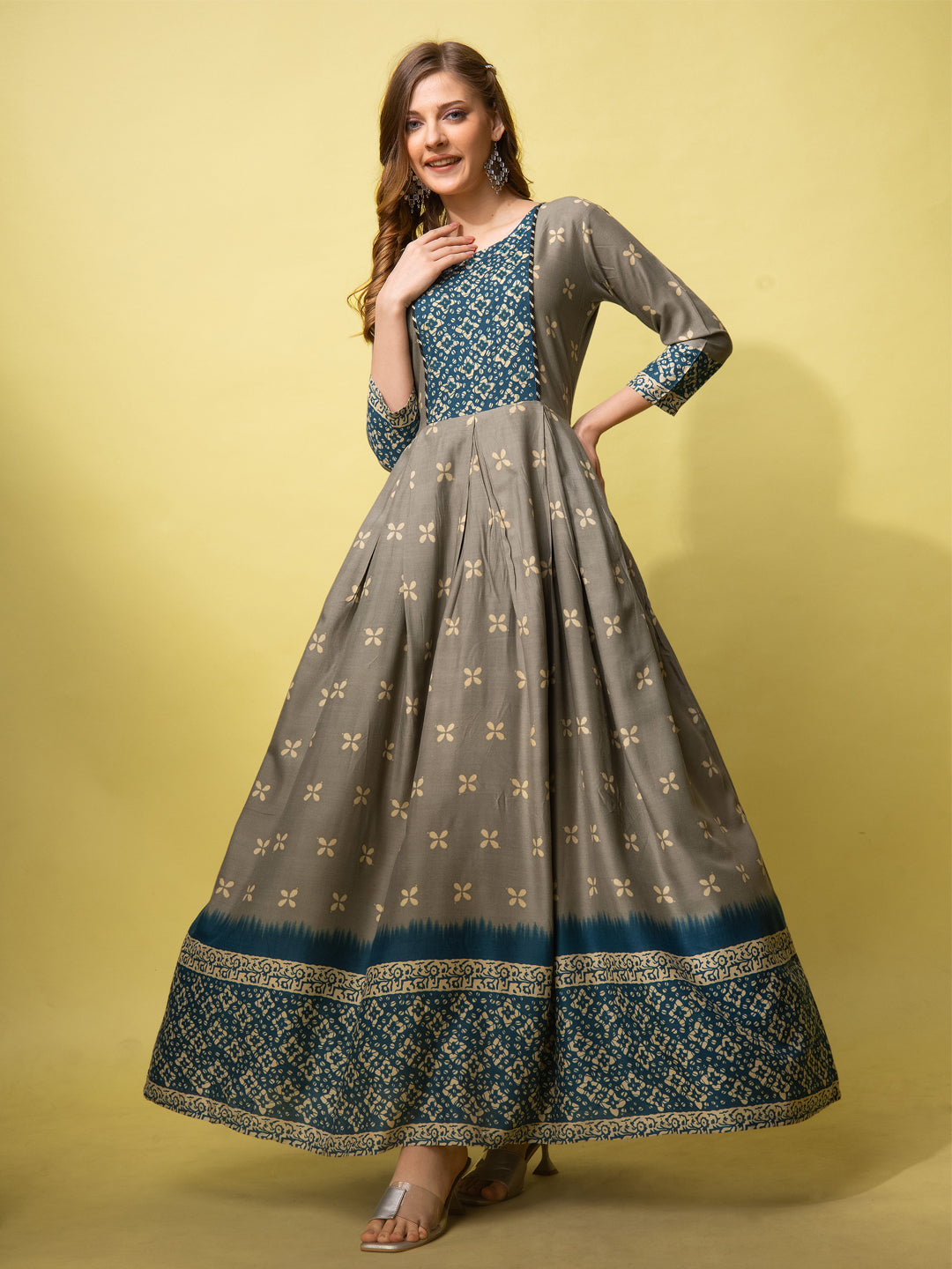 Gray & Blue Cotton Printed Anarkali Wear for Women