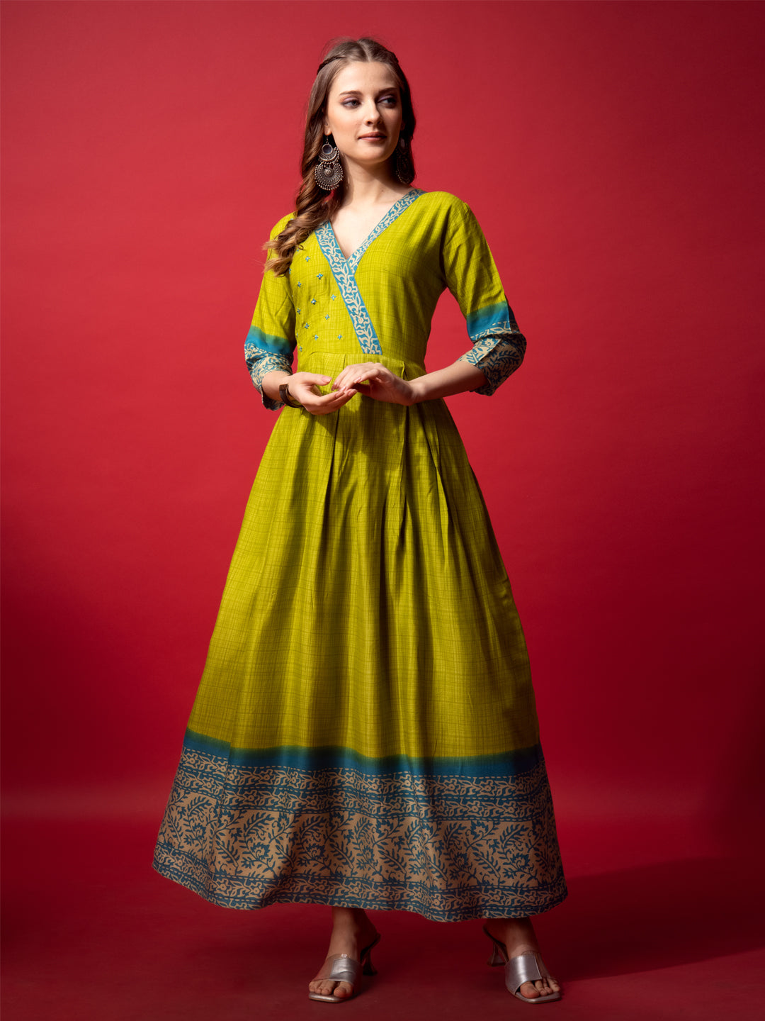 Parrot Green Cotton Printed Anarkali Suit For Women