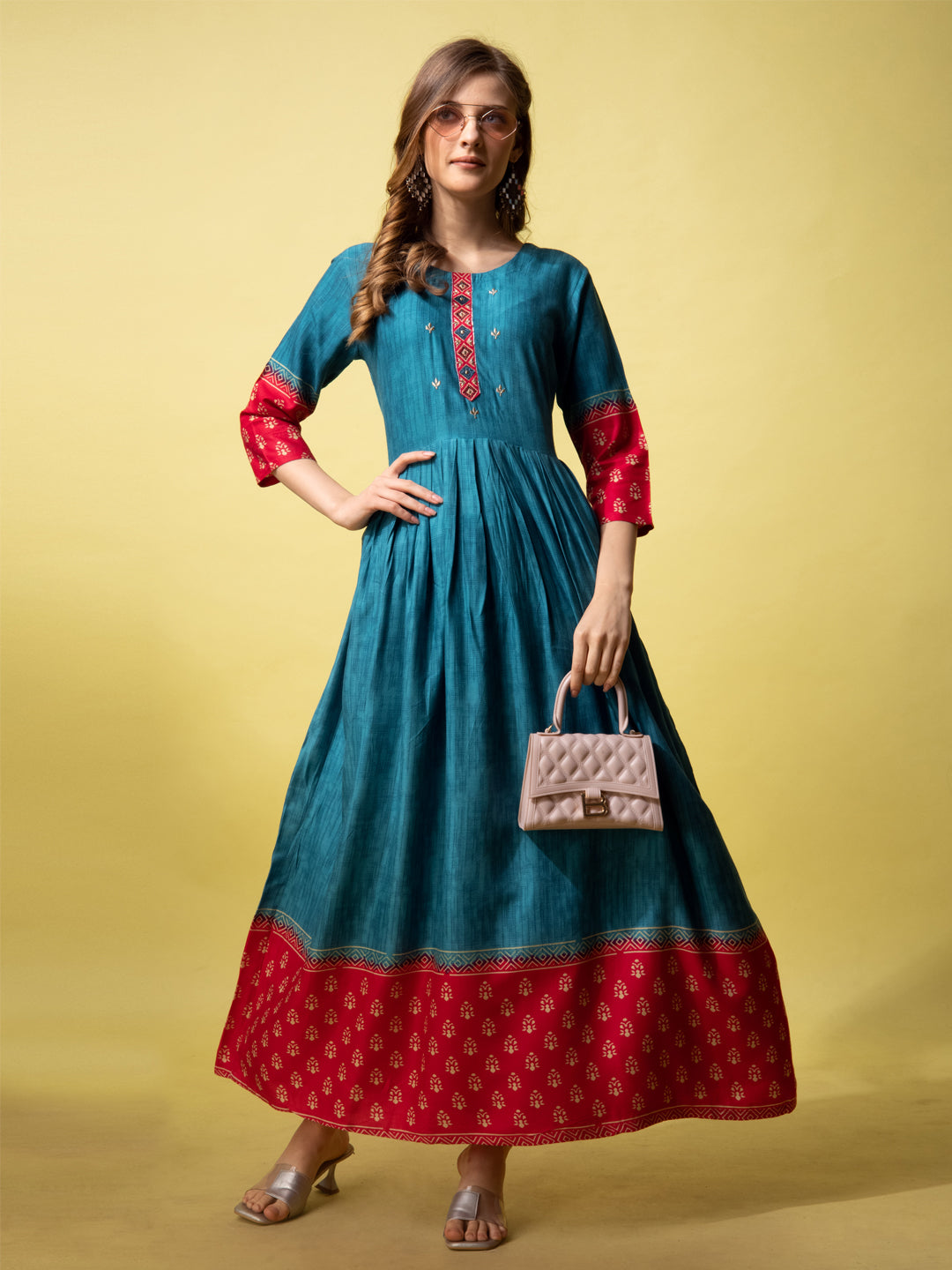 Rama Blue Cotton Printed Anarkali Wear For Women